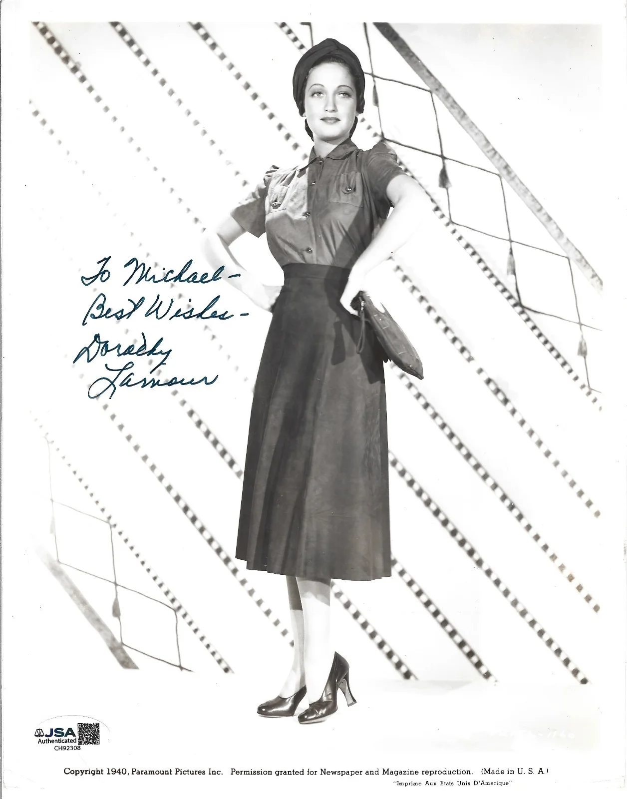 Dorothy Lamour — Dorothy Lamour SIGNED 1940 Promo Photo JSA COA Autograph Bob Hope Bing Crosby