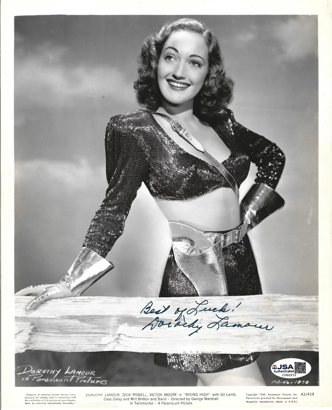 Dorothy Lamour — Dorothy Lamour hand SIGNED 1943 Riding High Promo Photo JSA COA Bob Hope Crosby