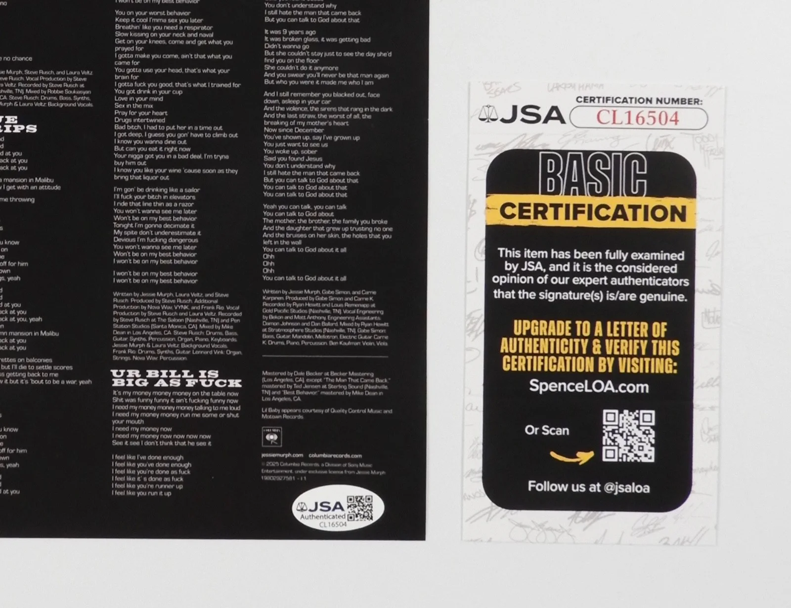 Jessie Murph JSA Signed Autograph Insert Album Record Vinyl Sex Hysteria, изображение 2