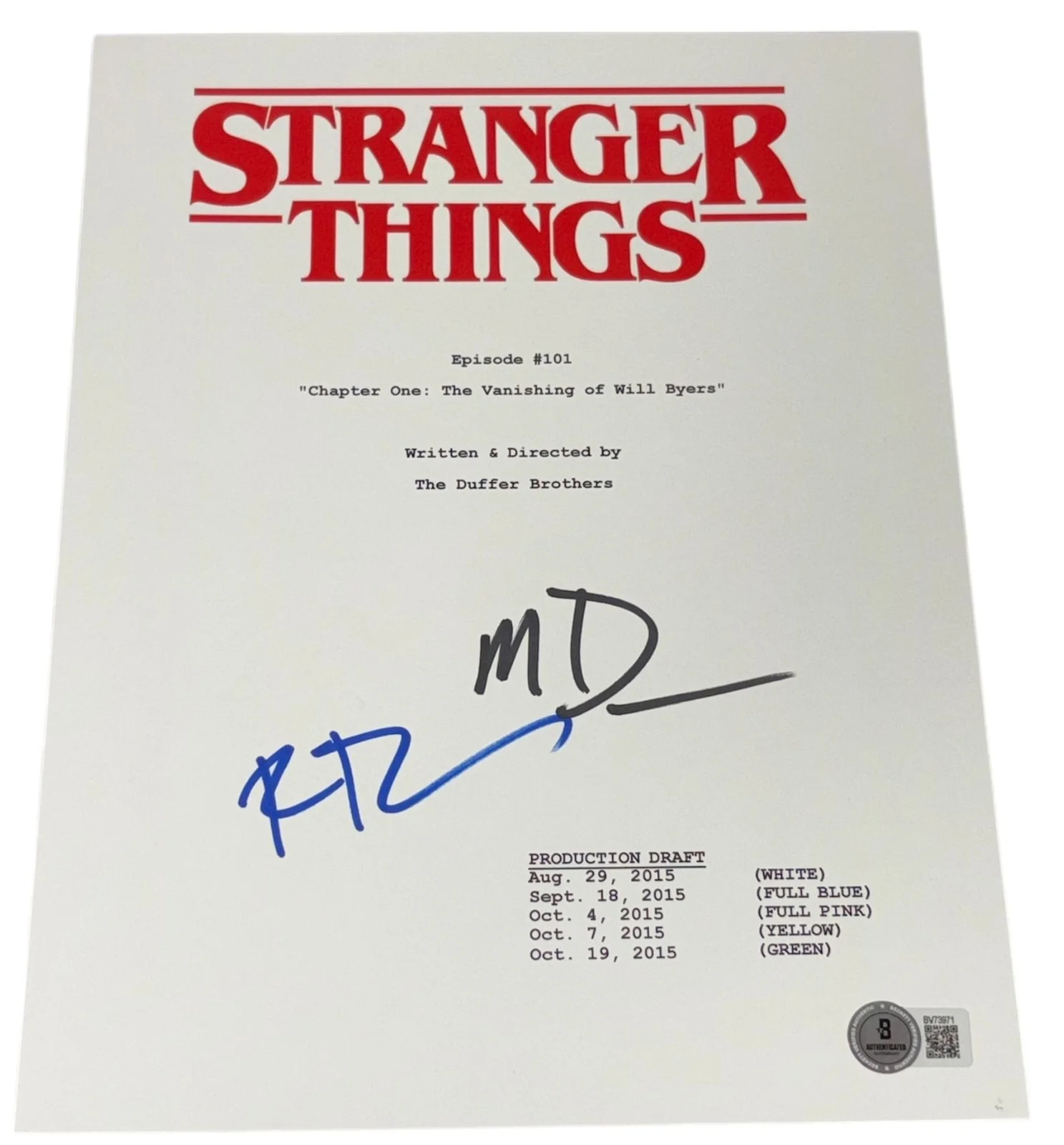 The Duffer Brothers — The Duffer Brothers Signed Autograph Stranger Things Pilot Script Matt Ross BAS