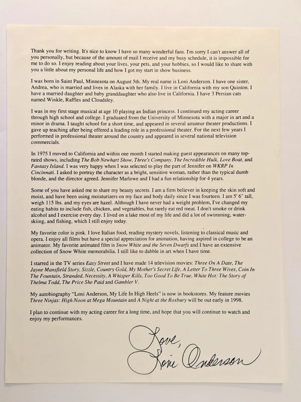 Loni Anderson — Loni Anderson Signed 8x10 Photo + Handwritten Fan Letter Reply | WKRP, изображение 2