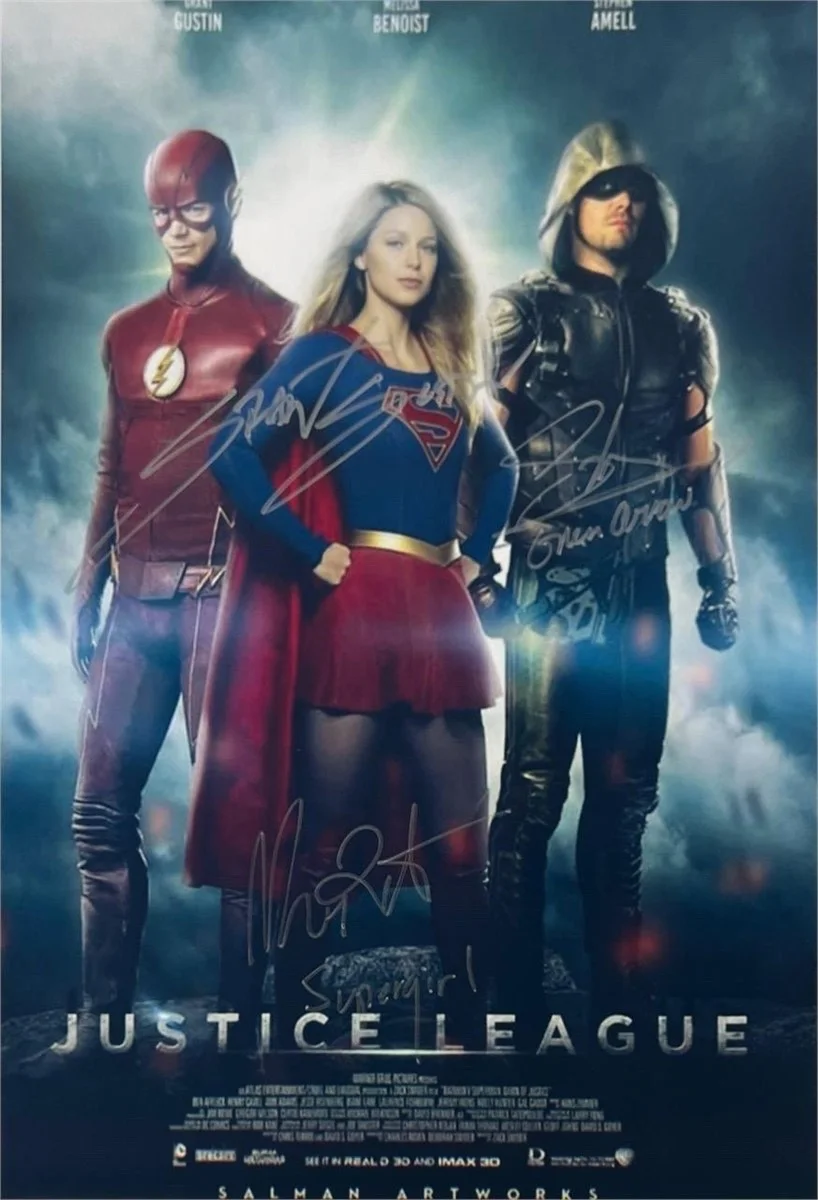 Melissa Benoist, Stephen Amell, Grant Gustin — Justice League Signed 8x11.5 Photo | Benoist Amell Gustin | CW DC | COA