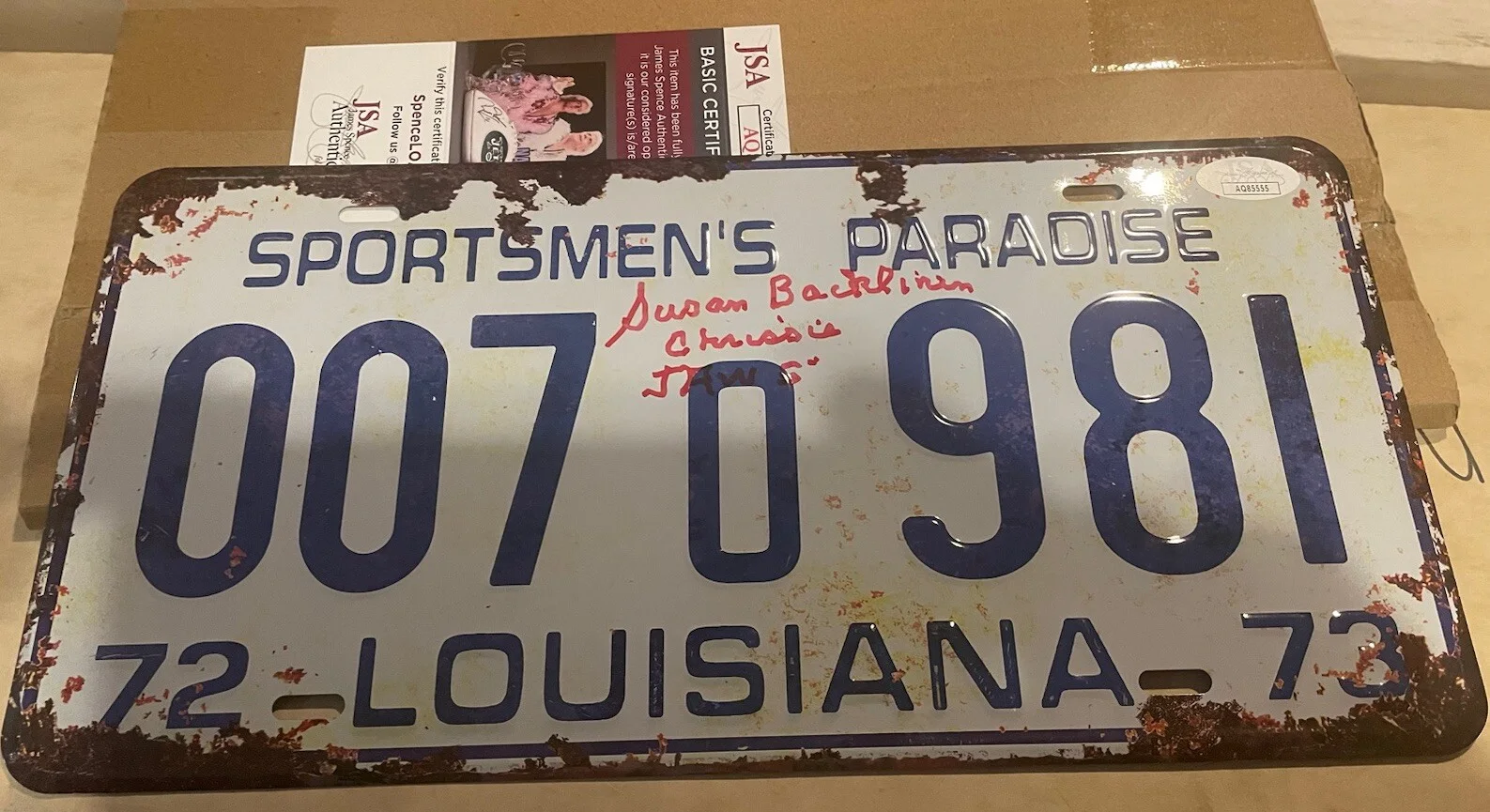 Susan Backlinie — JAWS Replica License Plate movie memorabilia signed By Susan Backlinie JSA Cert