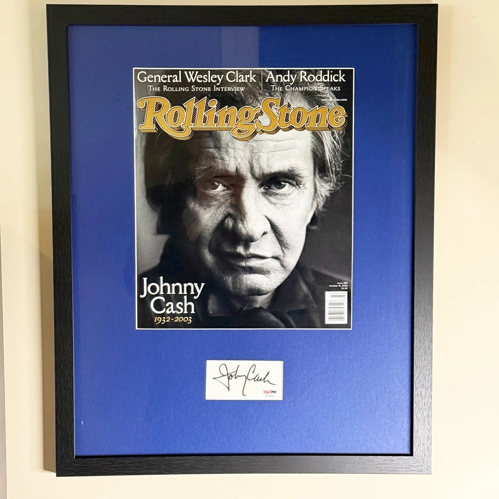 JOHNNY CASH SIGNED PSA/DNA FRAMED DISPLAY WITH ROLLING STONE COVER, image 4