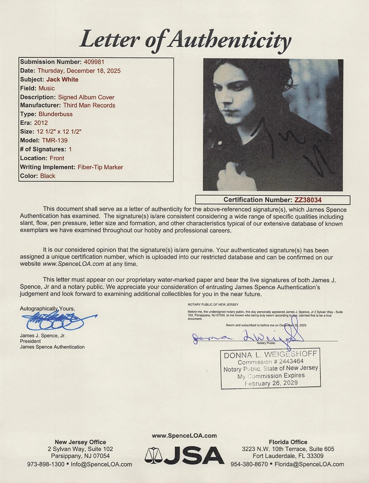 Jack White — Jack White signed "BLUNDERBUSS" Vinyl Album Lp EXACT PROOF White Stripes JSA LOA, изображение 2