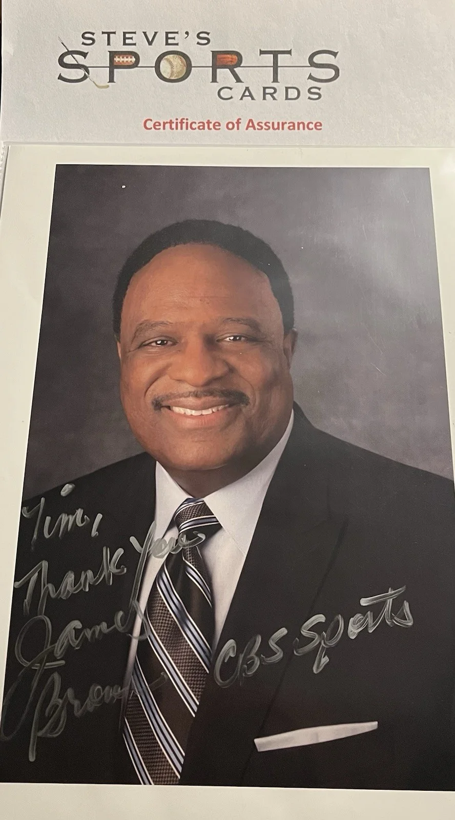 James Brown — James Brown Legendary CBS Sportscaster Signed 8.5x11 w/ Top Loader & COA