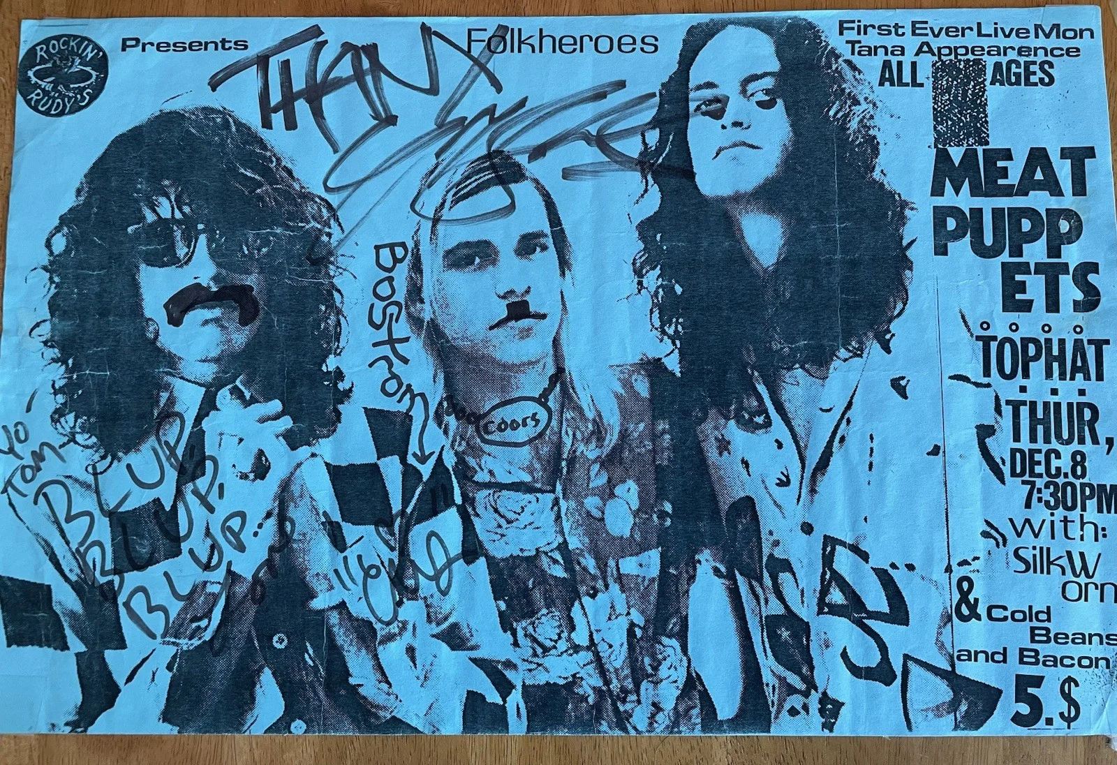 Meat Puppets Autograph Concert Poster Signed by Curt & Cris Kirkwood, D. Bostrom, изображение 2