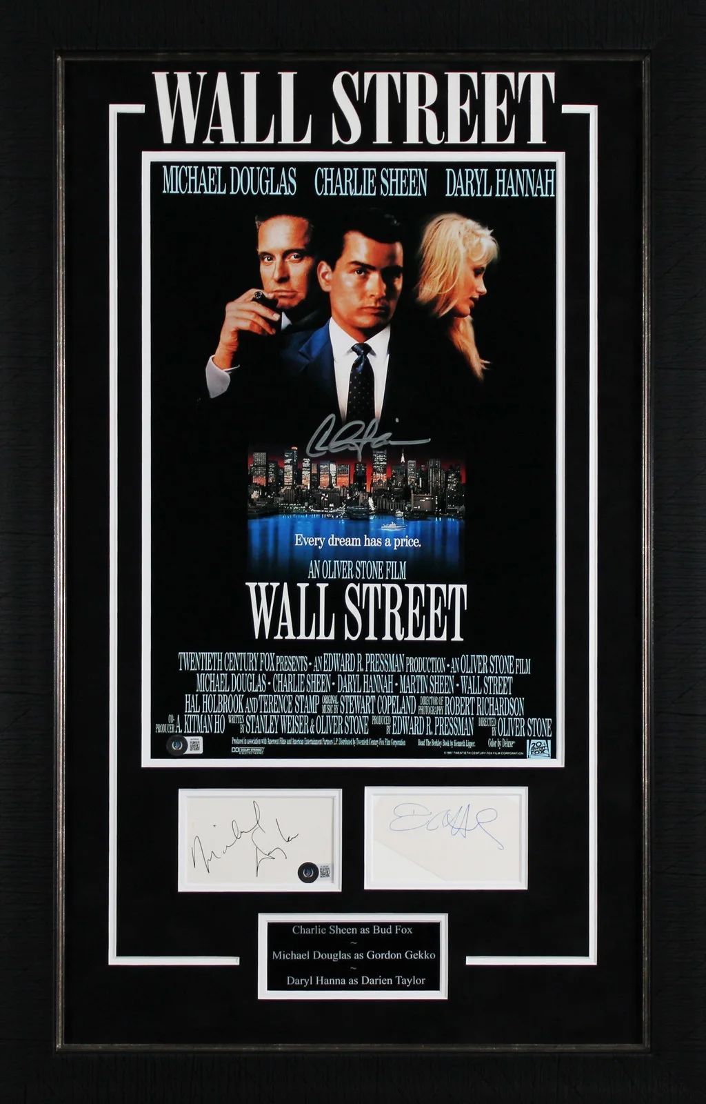Charlie Sheen, Michael Douglas & Daryl Hannah — Wall Street (3) Sheen, Douglas & Hannah Authentic Signed Framed Display BAS LOA