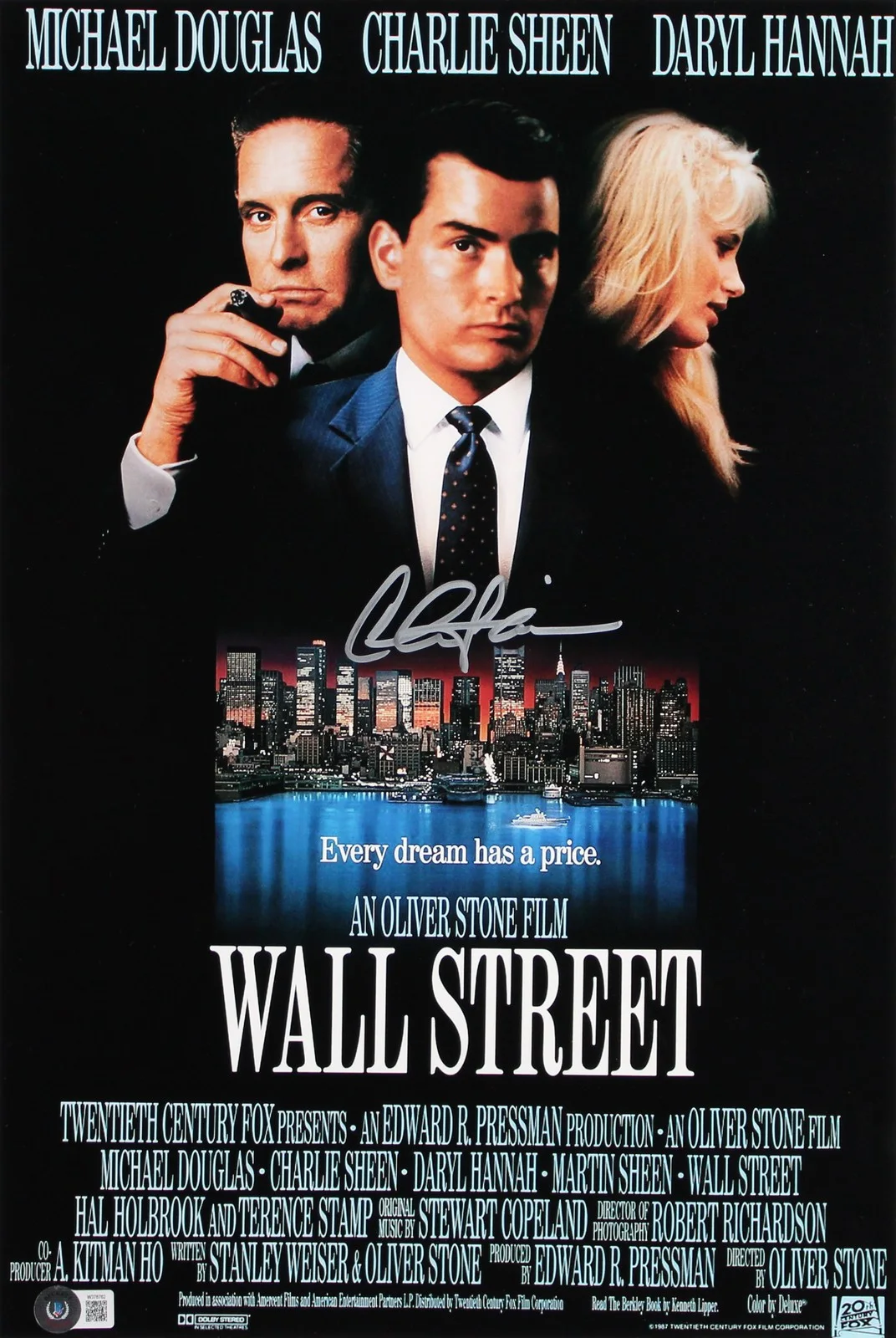 Charlie Sheen, Michael Douglas, Daryl Hannah — Wall Street (3) Sheen, Douglas & Hannah Authentic Signed Framed Display BAS LOA, image 2