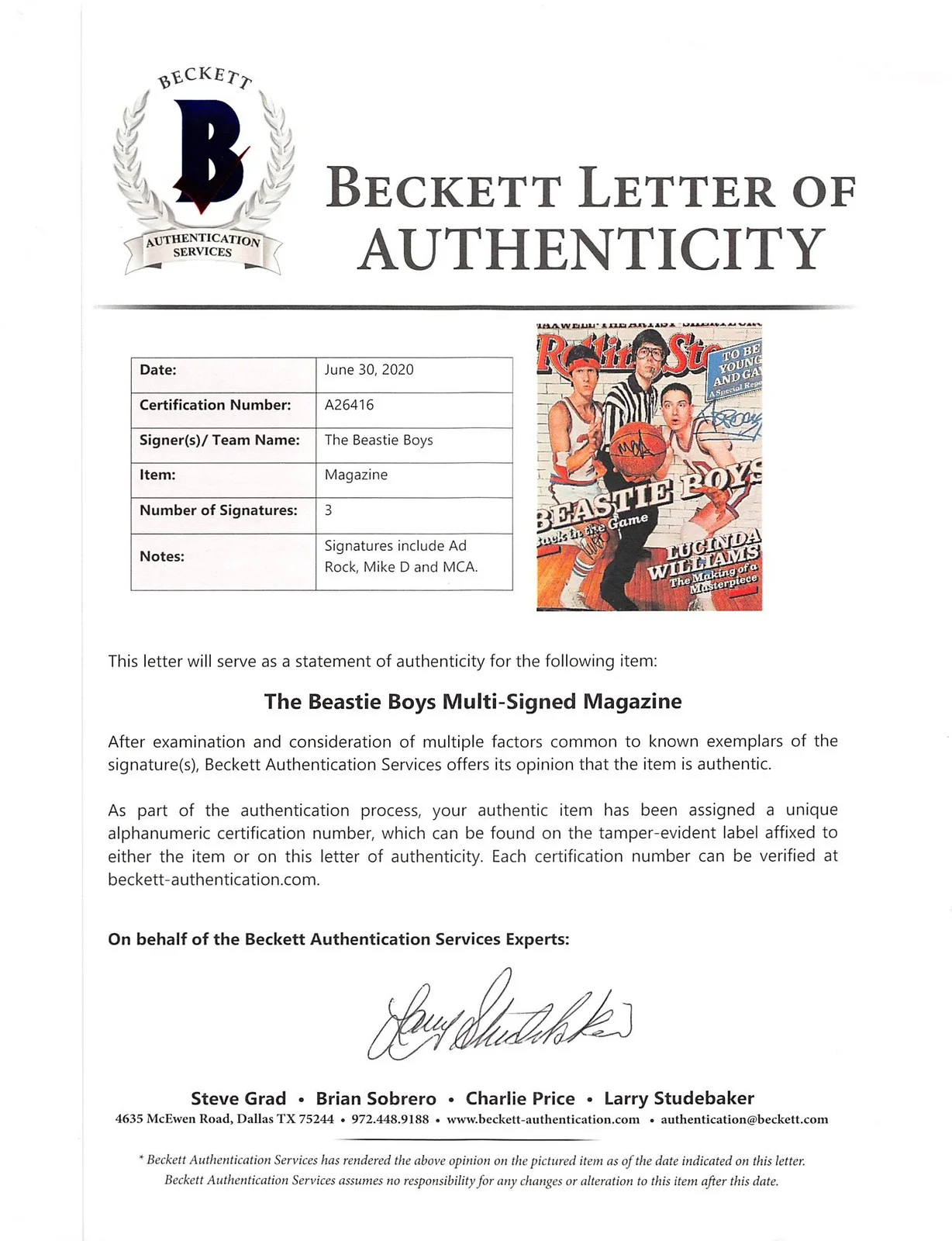 Adam MCA Yauch, Michael Mike D Diamond, Adam Ad-Rock Horov — Beastie Boys (3) MCA, Mike D & Ad-Rock Signed & Framed Magazine BAS #A26416, изображение 3