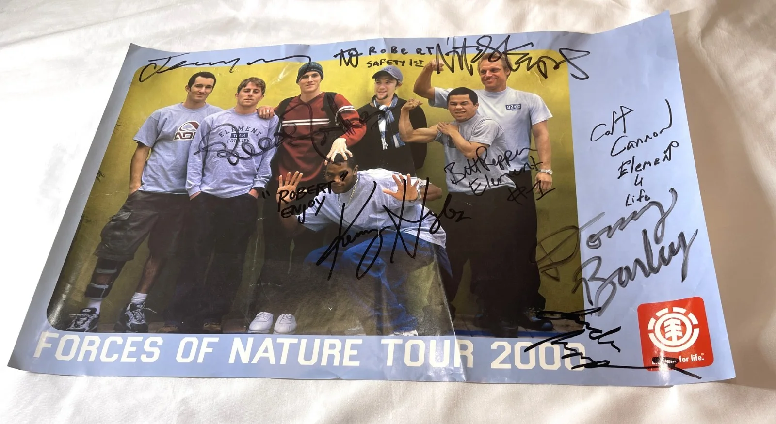 Cannon, Hughes, Pepper, Barley, Wray, Forbes, Kupas, Rupp — Vintage Y2K ELEMENT Skateboards Autographed FORCES OF NATURE Poster, To Robert, изображение 2