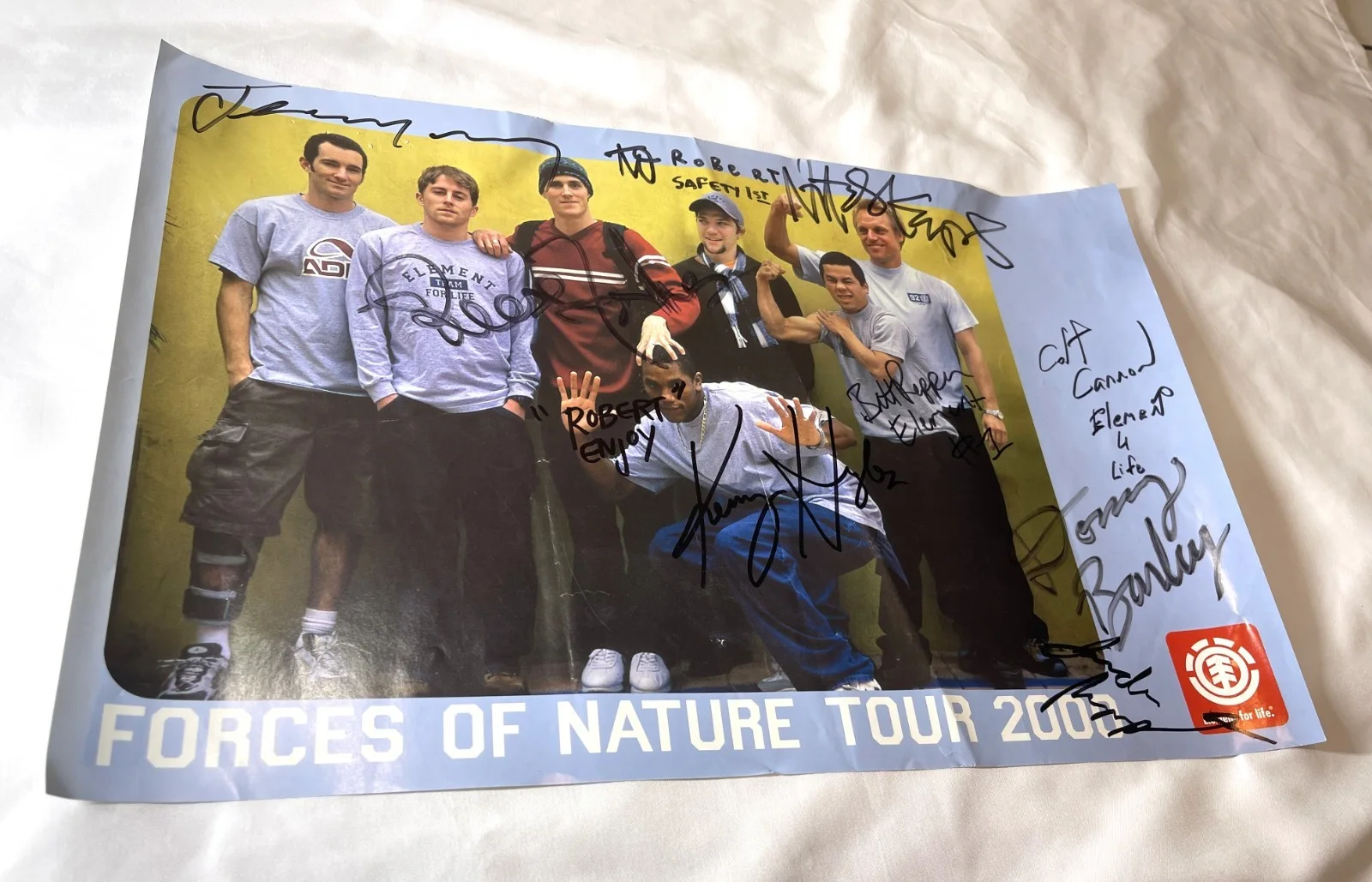 Cannon, Hughes, Pepper, Barley, Wray, Forbes, Kupas, Rupp — Vintage Y2K ELEMENT Skateboards Autographed FORCES OF NATURE Poster, To Robert, изображение 3