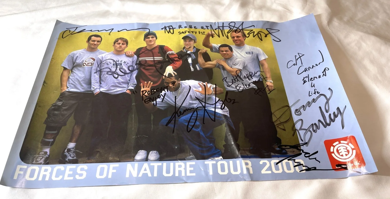 Cannon, Hughes, Pepper, Barley, Wray, Forbes, Kupas, Rupp — Vintage Y2K ELEMENT Skateboards Autographed FORCES OF NATURE Poster, To Robert, изображение 4