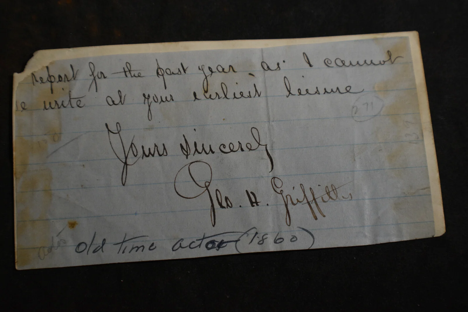 1860s Autograph of George H Griffith, Actor (1822-1888), изображение 2