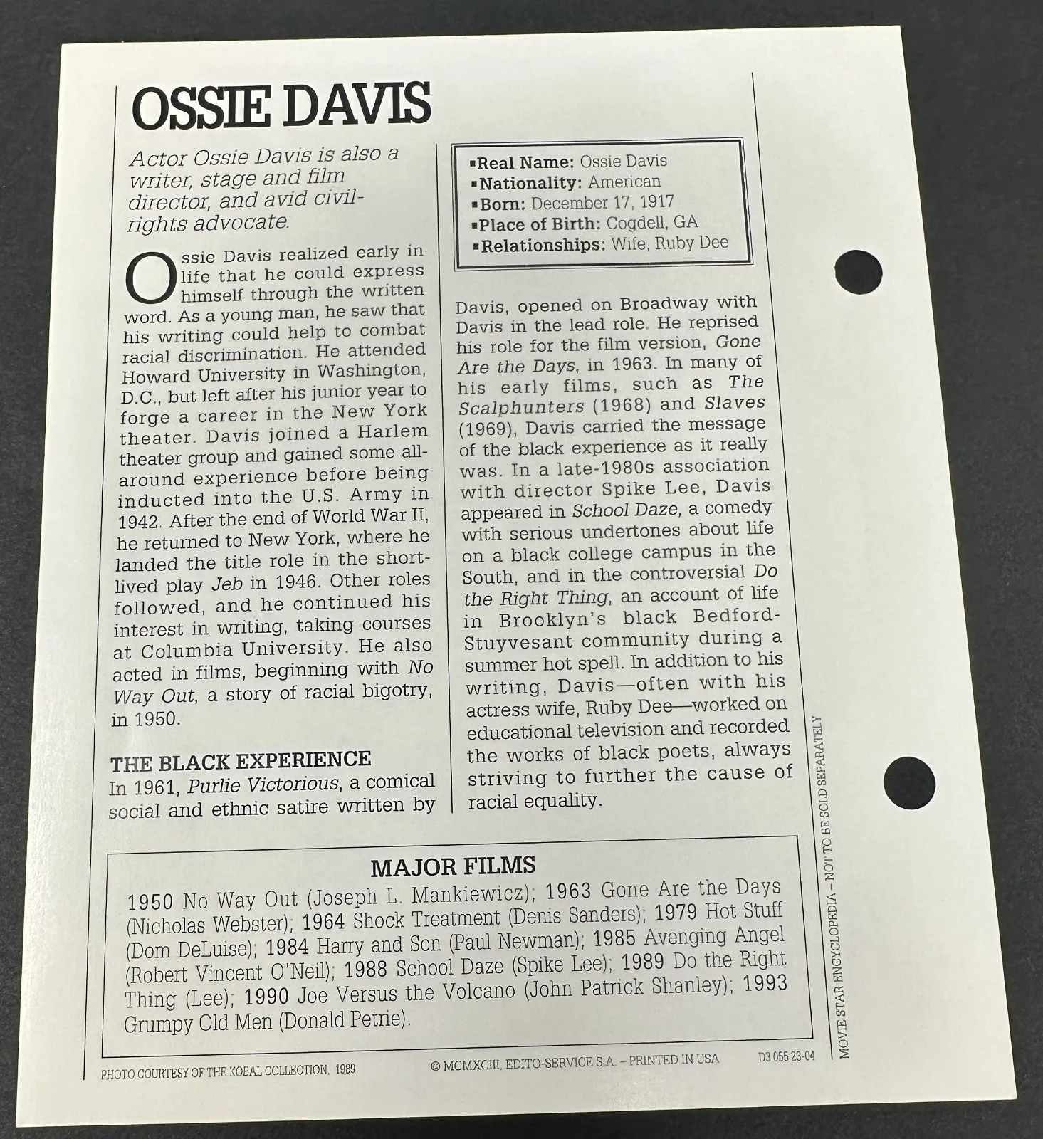 Ossie Davis Actor 5 3/4" x 7 Photo Signed Autograph, image 2