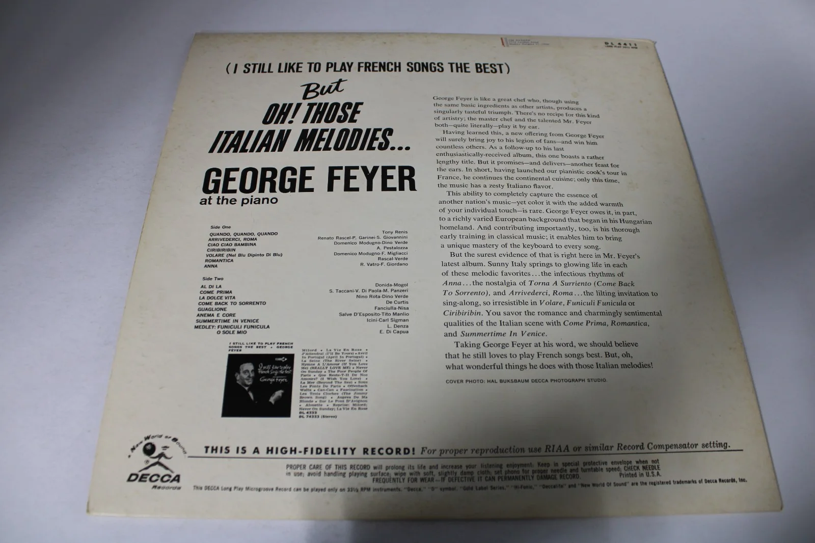 George Feyer autographed signed record album Italian Melodies 33 rpm, vinyl LP, изображение 3