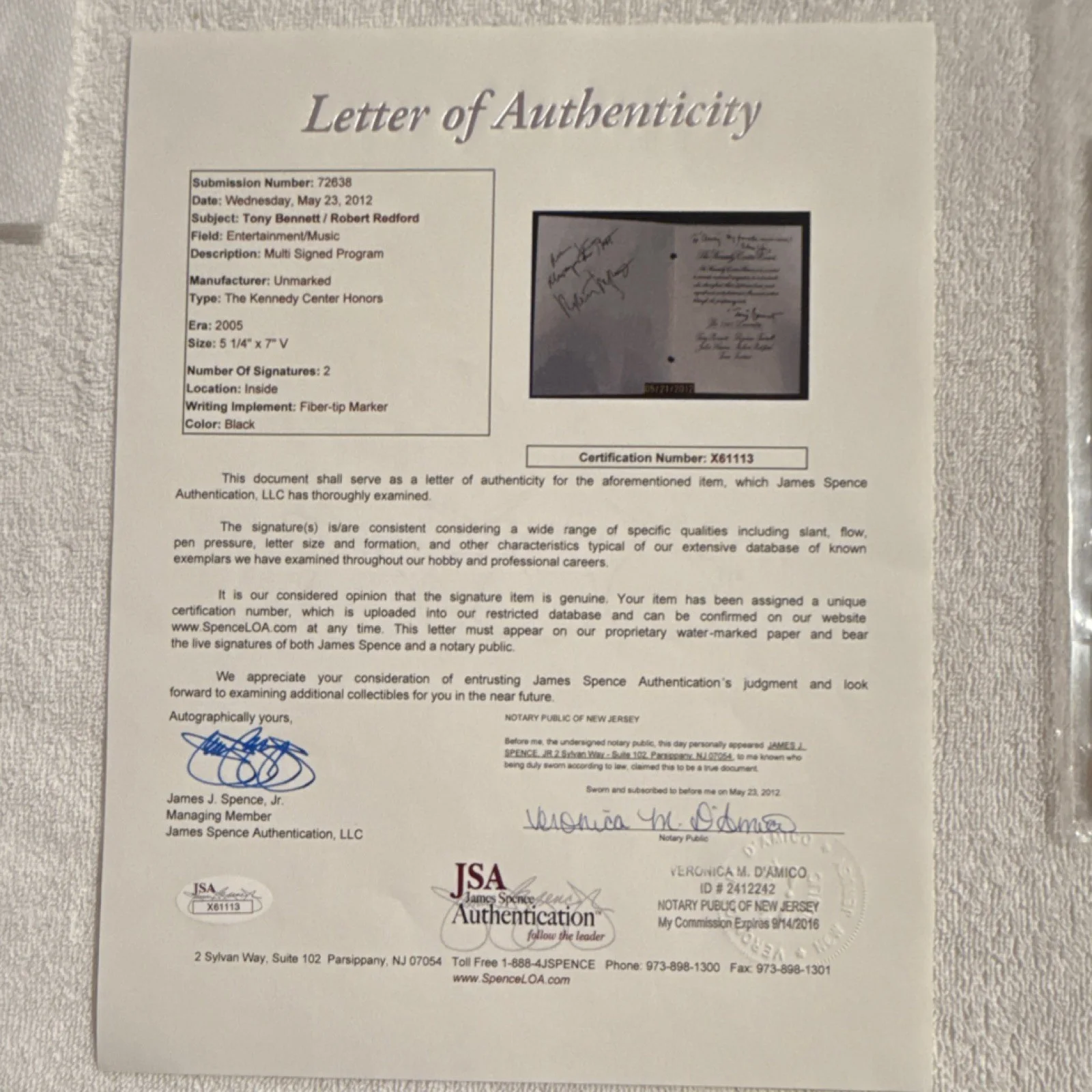 Tony Bennett, Robert Redford — Robert Redford Tony BennettSigned Kennedy Center Honors Program JSA Authentica…, image 3