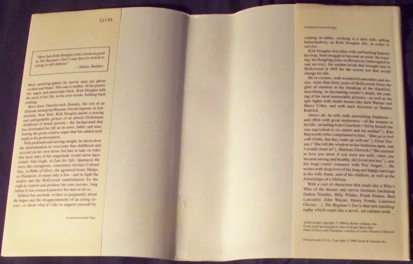 Kirk Douglas — Kirk Douglas signed book - The Ragman's Son An Autobiography HC DJ - autographed, image 5