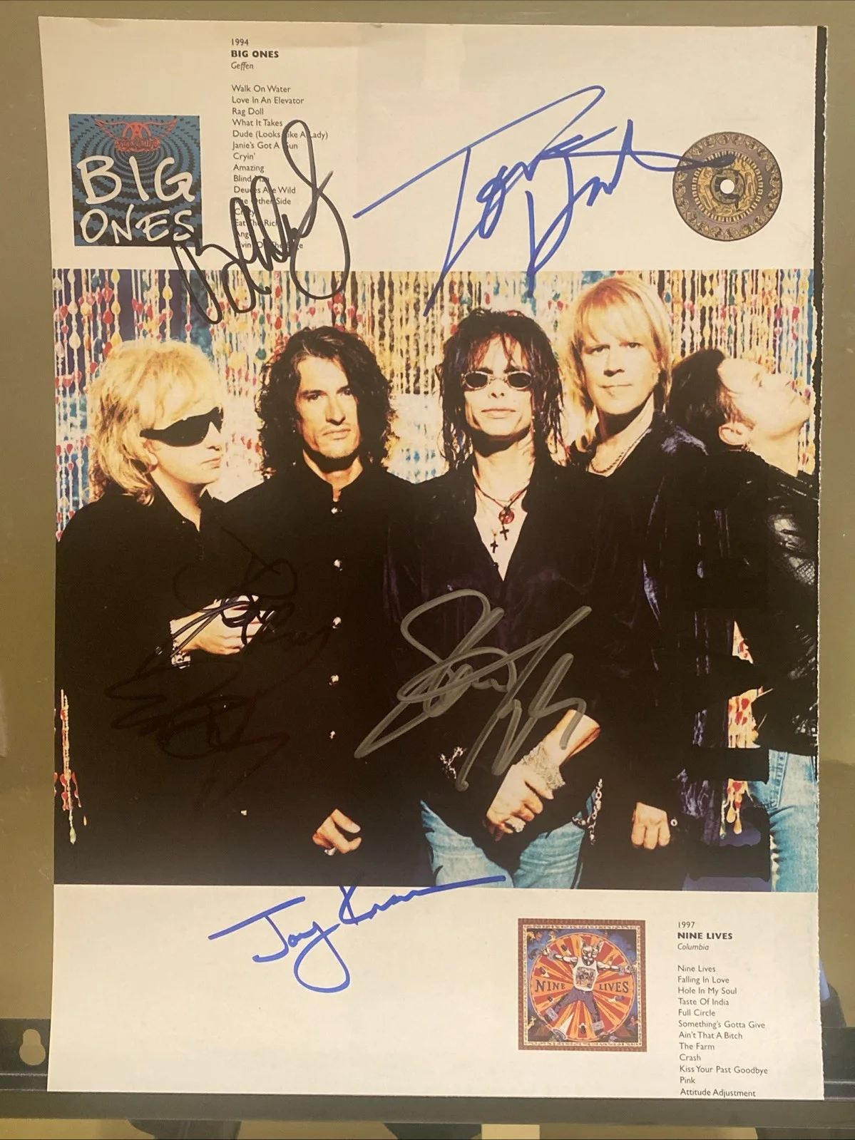 Steven Tyler, Joe Perry, Brad Whitford, Tom Hamilton, Joey Kramer — Aerosmith Autograph Big Ones Nine Lives 9.5x13.5 Promo Color Photo All 5 SIGNED