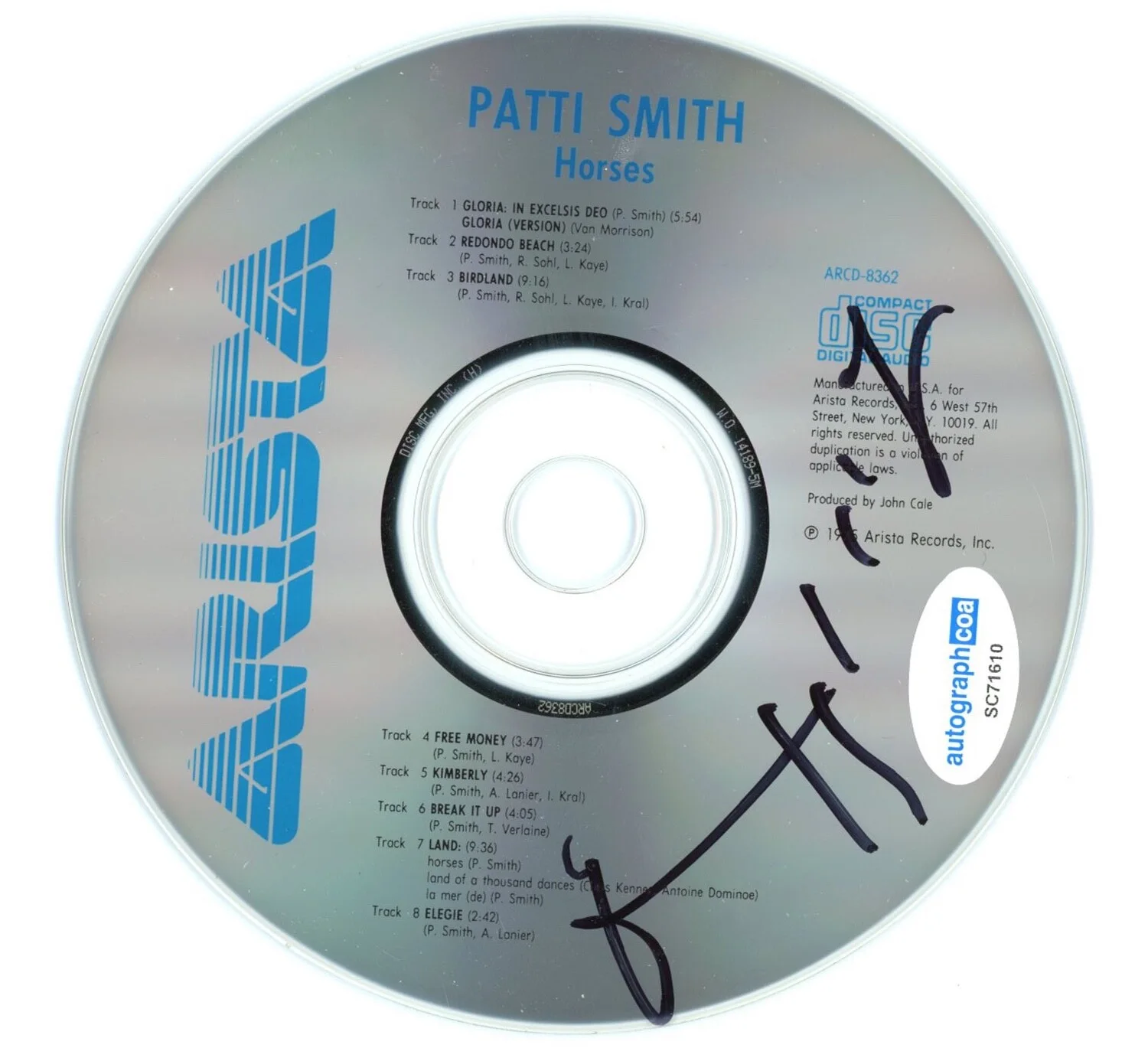 PATTI SMITH — Patti Smith signed Autographed "HORSES" CD Singer ACOA COA, image 3