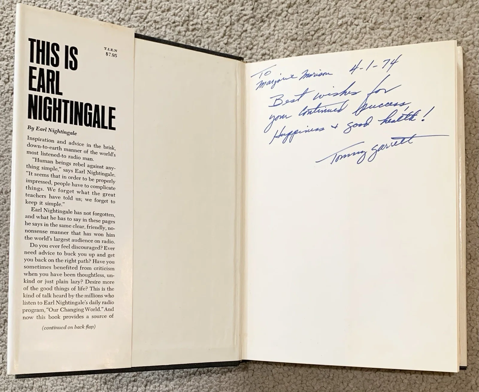 Record Producer Tommy SNUFF Garrett Signed This Is Earl Nightingale 1st Ed. Book, изображение 3