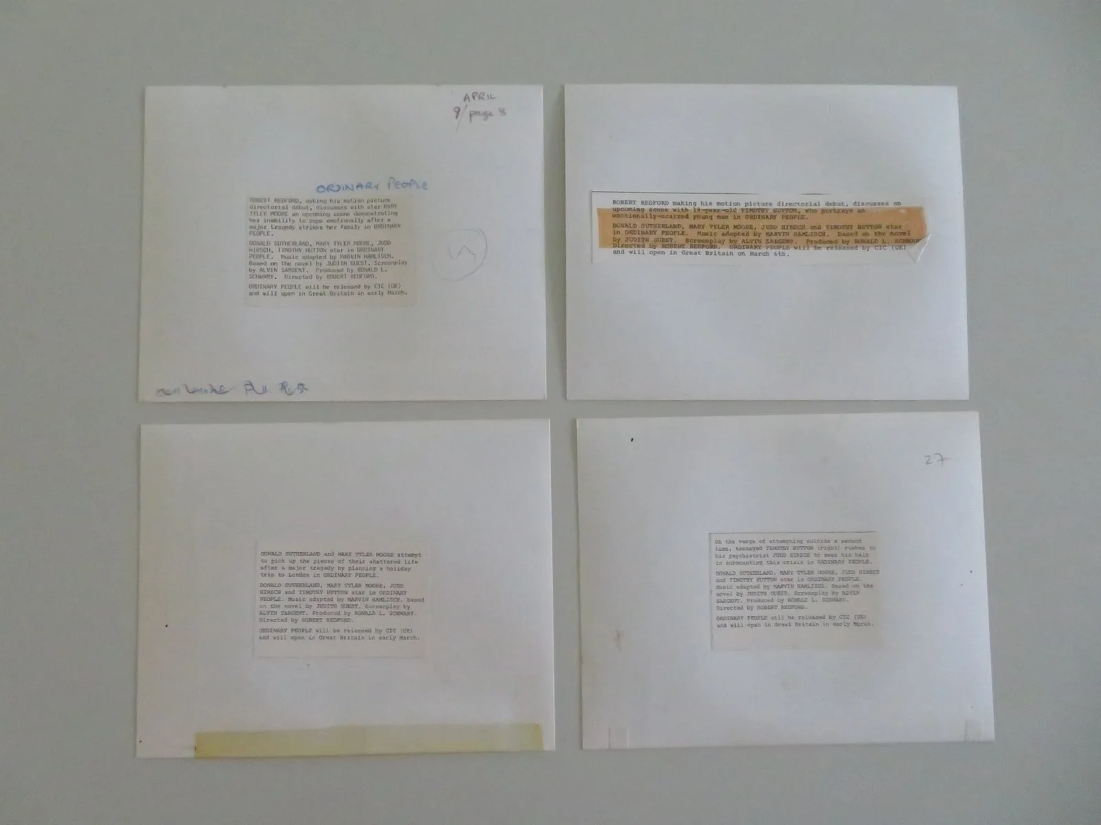 ORDINARY PEOPLE - B MOVIE STILL PHOTO LOT OF 4 DONALD SUTHERLAND T. HUTTON 1980, изображение 2