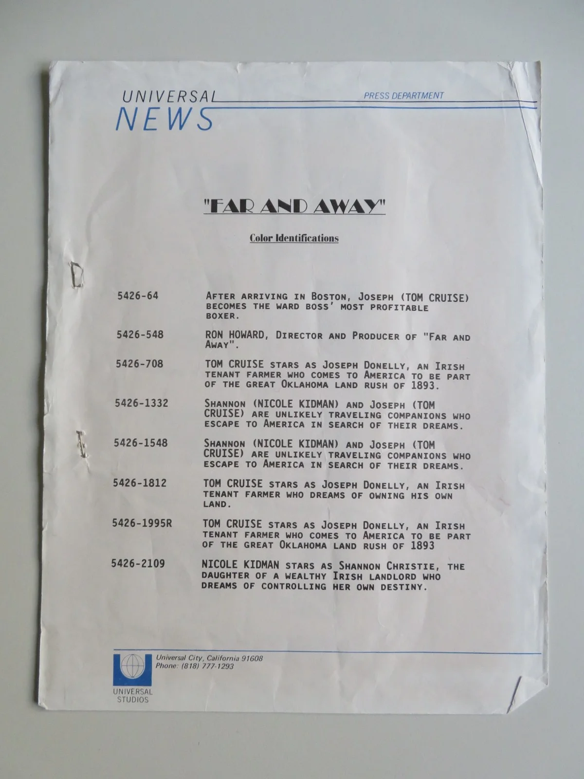 FAR AND AWAY PRESS KIT 1992 TOM CRUISE NICOLE KIDMAN, image 3