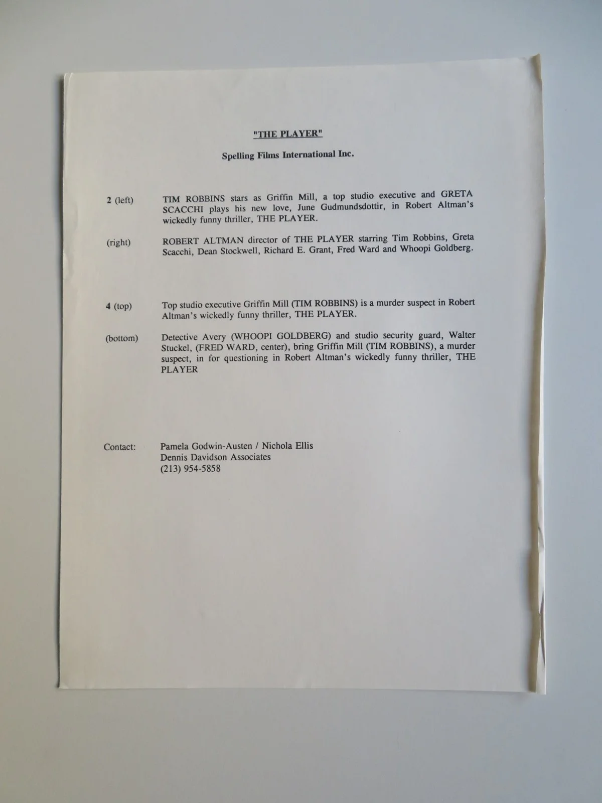 THE PLAYER PRESS KIT 1992 TIM ROBBINS GRETA SCACCHI, image 3