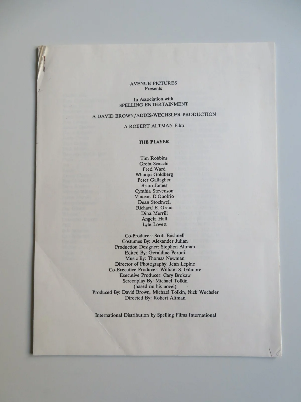 THE PLAYER PRESS KIT 1992 TIM ROBBINS GRETA SCACCHI, image 5