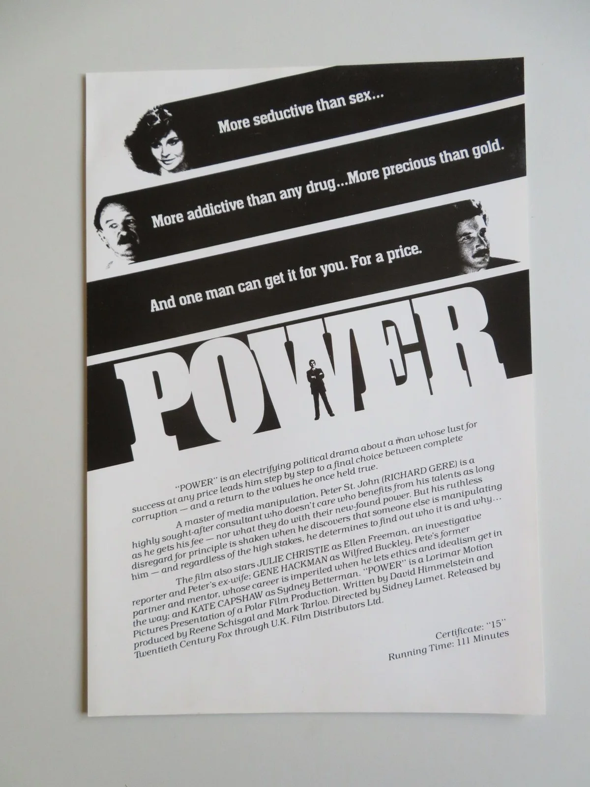 POWER PRESS KIT 1986 RICHARD GERE GENE HACKMAN, image 3