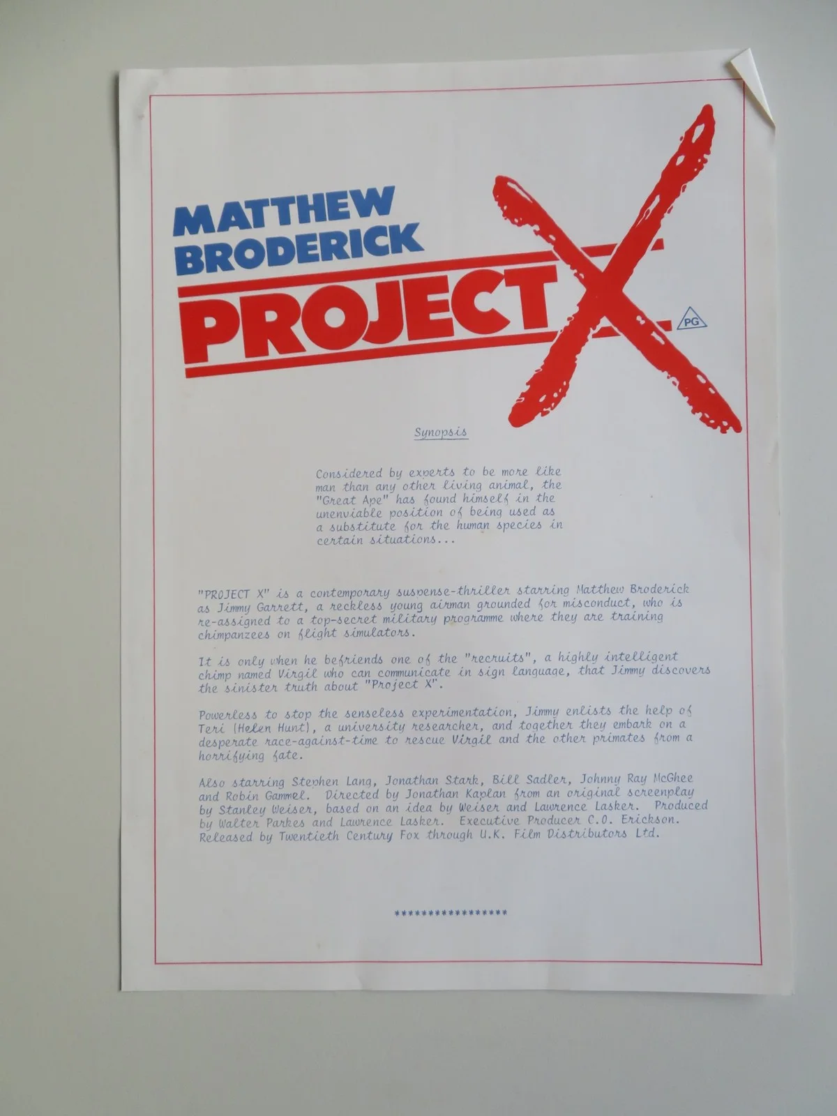 PROJECT X PRESS KIT 1987 MATTHEW BRODERICK HELEN HUNT, image 5
