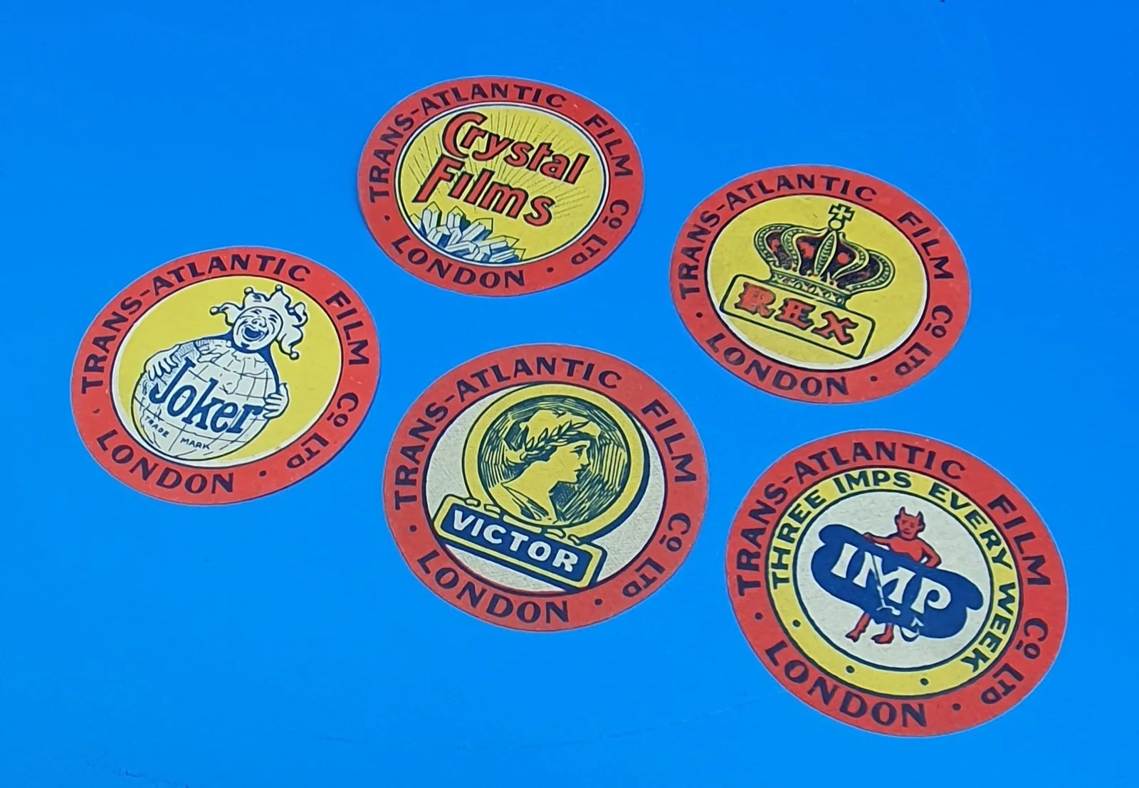 RARE - 5 x orginal Trans-Atlantic Film Co. gummed movie can labels - circa 1915, изображение 2