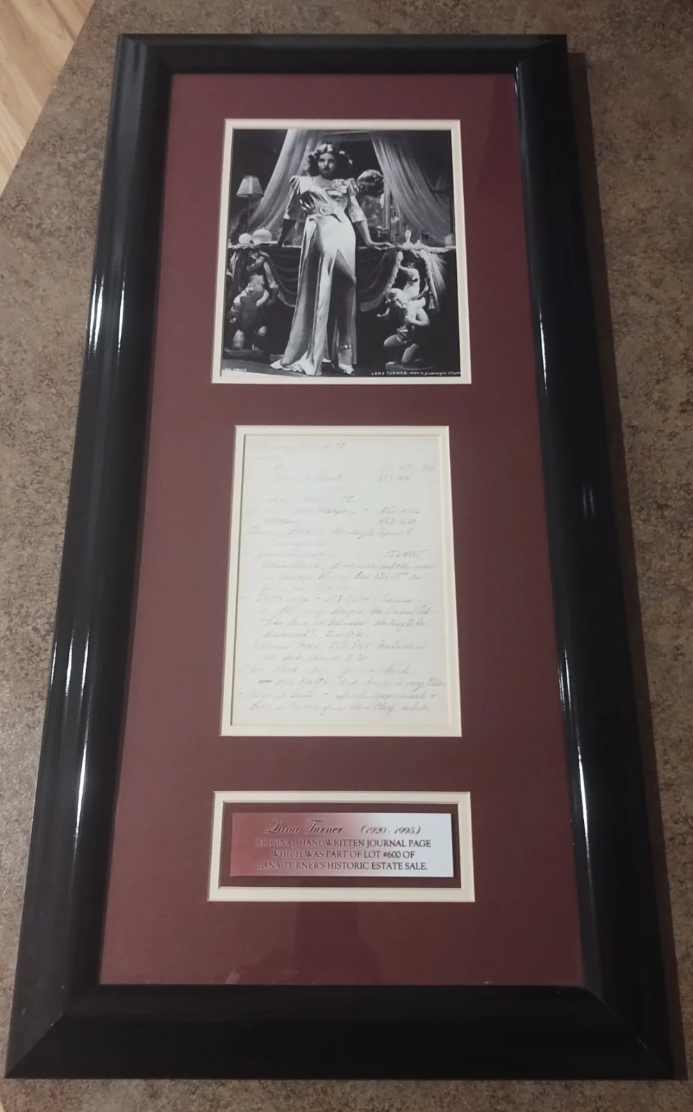 Lana Turner — Lana Turner Vintage Handwritten Journal Page Framed Matted 16x32 Display