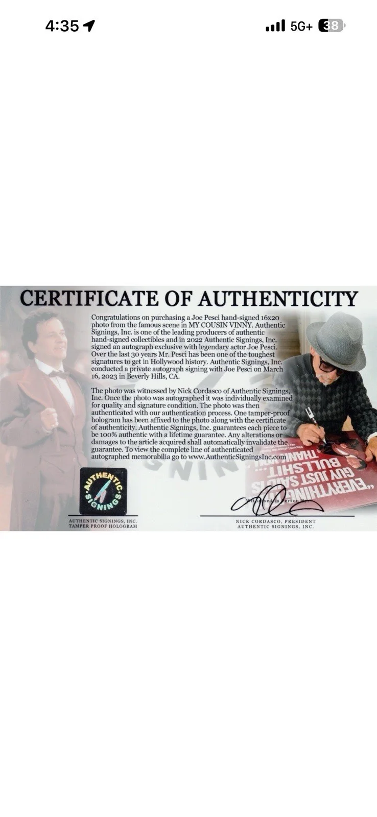 Joe Pesci — Joe Pesci Autographed My Cousin Vinny 16x20 Photo ASI Proof, изображение 2