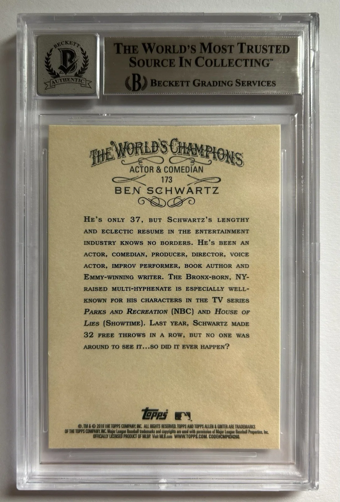 Ben Schwartz — BEN SCHWARTZ SIGNED AUTOGRAPHED TRADING CARD 2019 ALLEN GINTER BECKETT GRADE 10, image 2