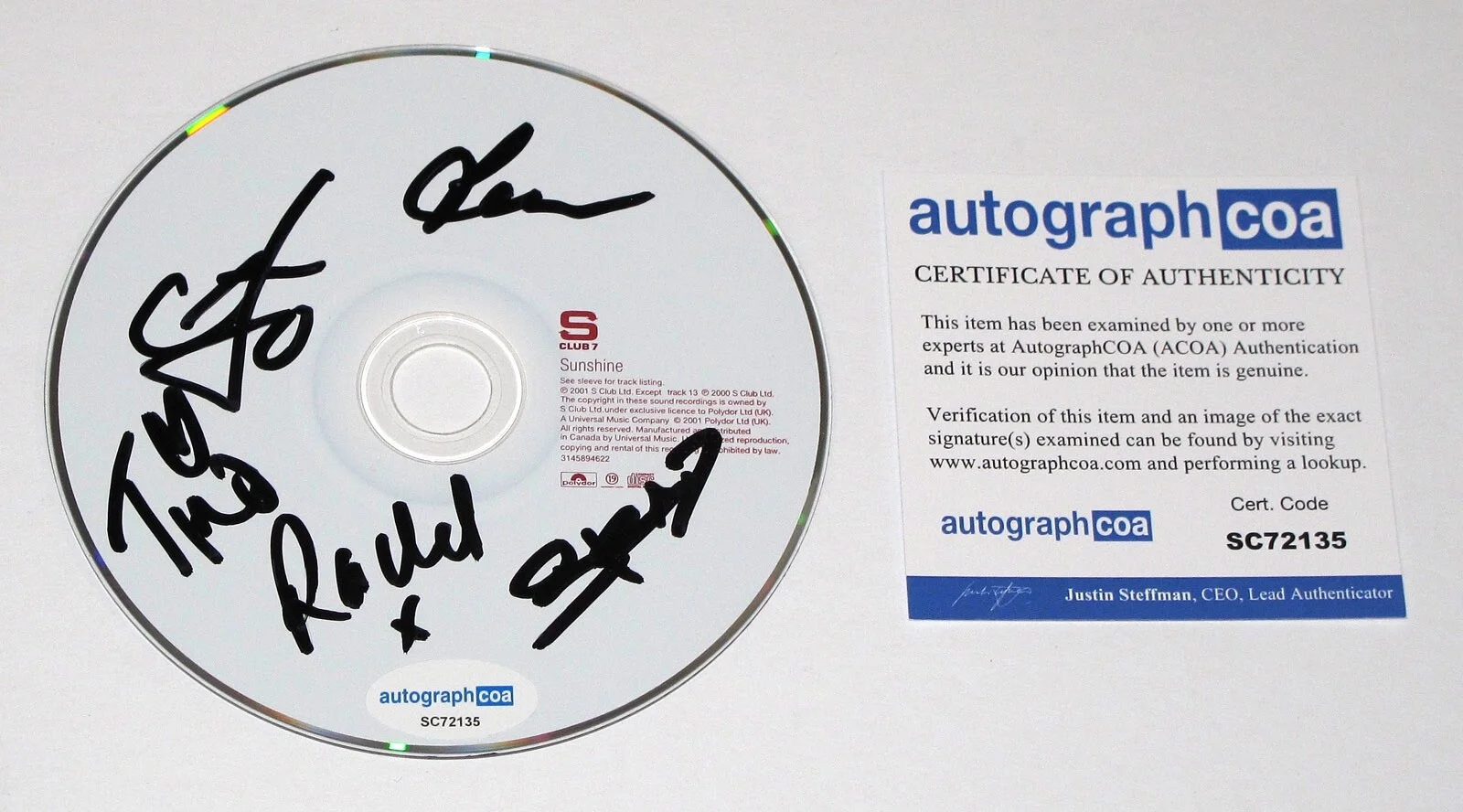 S Club 7 - RACHEL STEVENS, TINA BARRETT, JO O'MEARA, JON LEE — S CLUB 7 signed By 5 "SUNSHINE" CD c PROOF Rachel Stevens, Tina, +3 ACOA COA