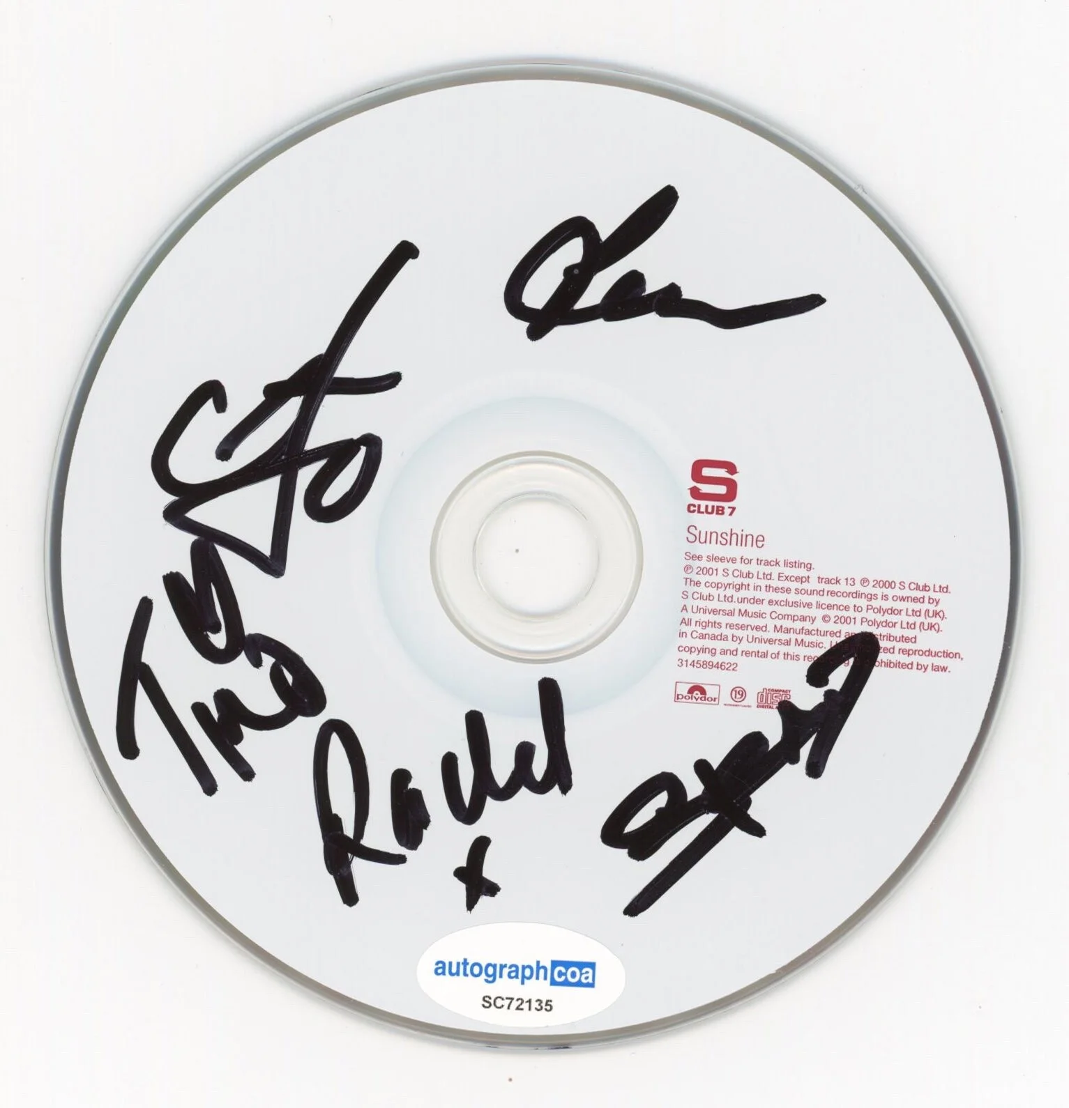 S Club 7 - RACHEL STEVENS, TINA BARRETT, JO O'MEARA, JON LEE — S CLUB 7 signed By 5 "SUNSHINE" CD c PROOF Rachel Stevens, Tina, +3 ACOA COA, изображение 3