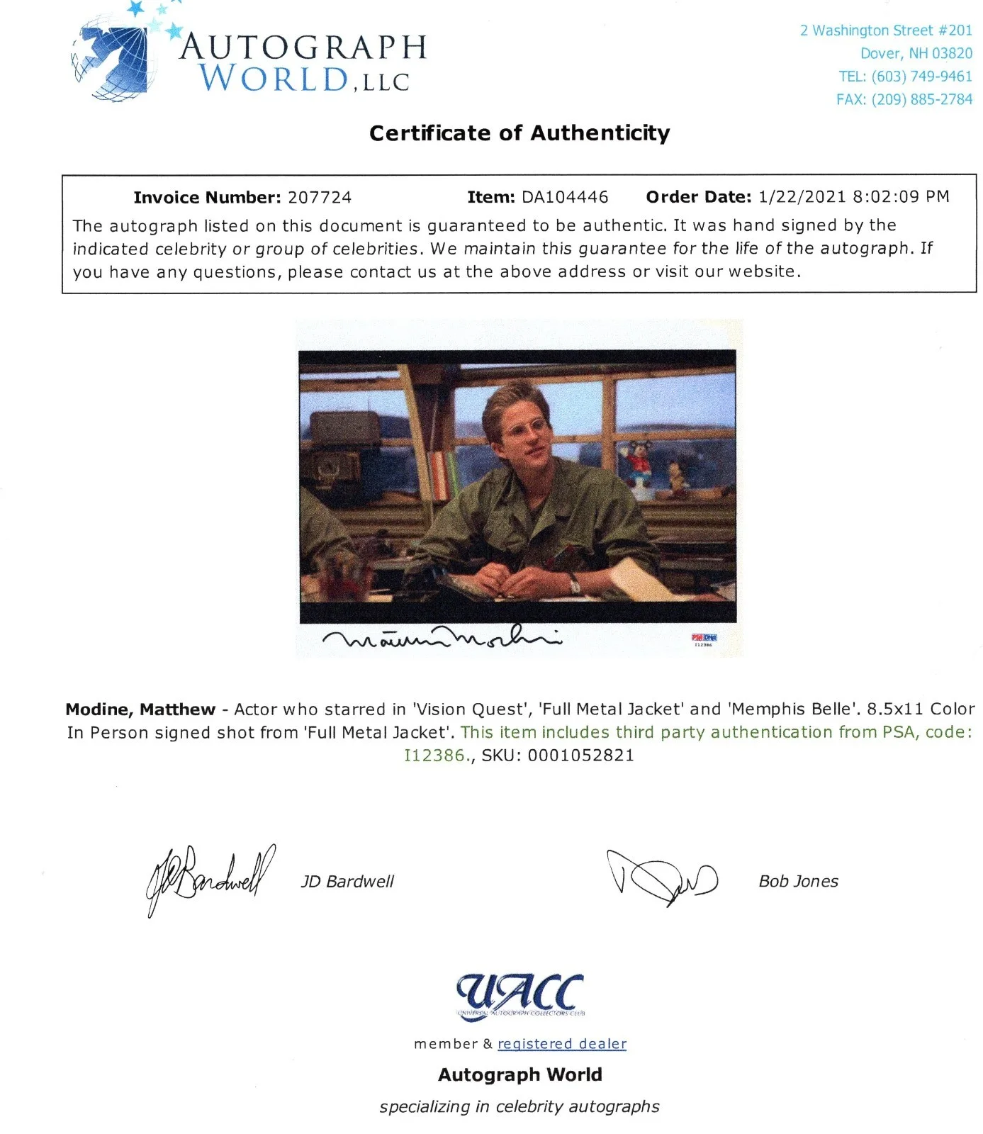Matthew Modine — AUTOGRA[HED 8.5X11 SIGNED MY MATTHEW MODINE AS JOKER IN FULL METAL JACKET, image 2