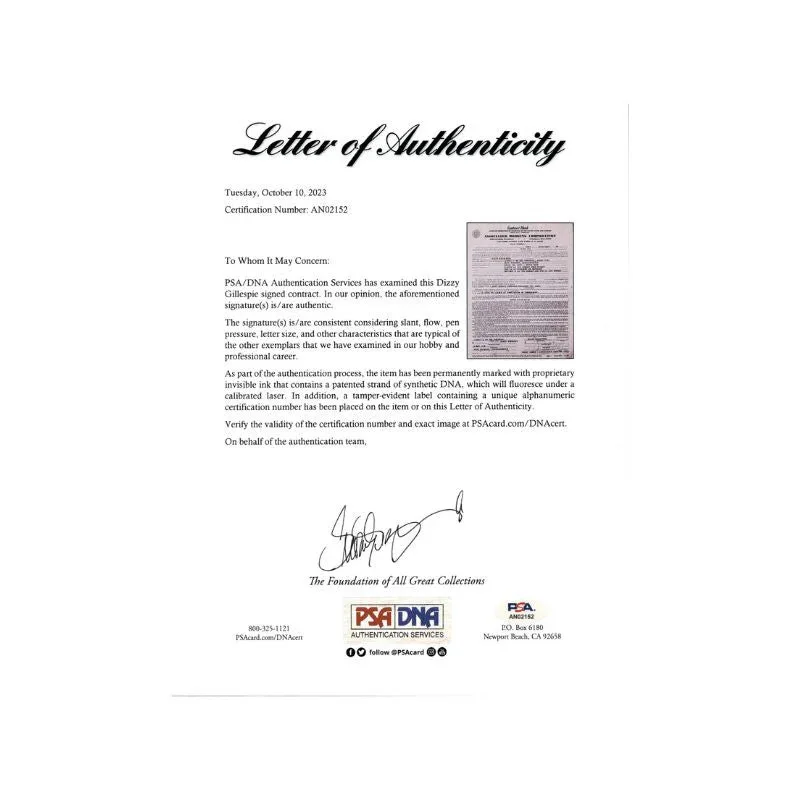 Dizzy Gilespie Autographed Signed Contract (PSA LOA), image 2