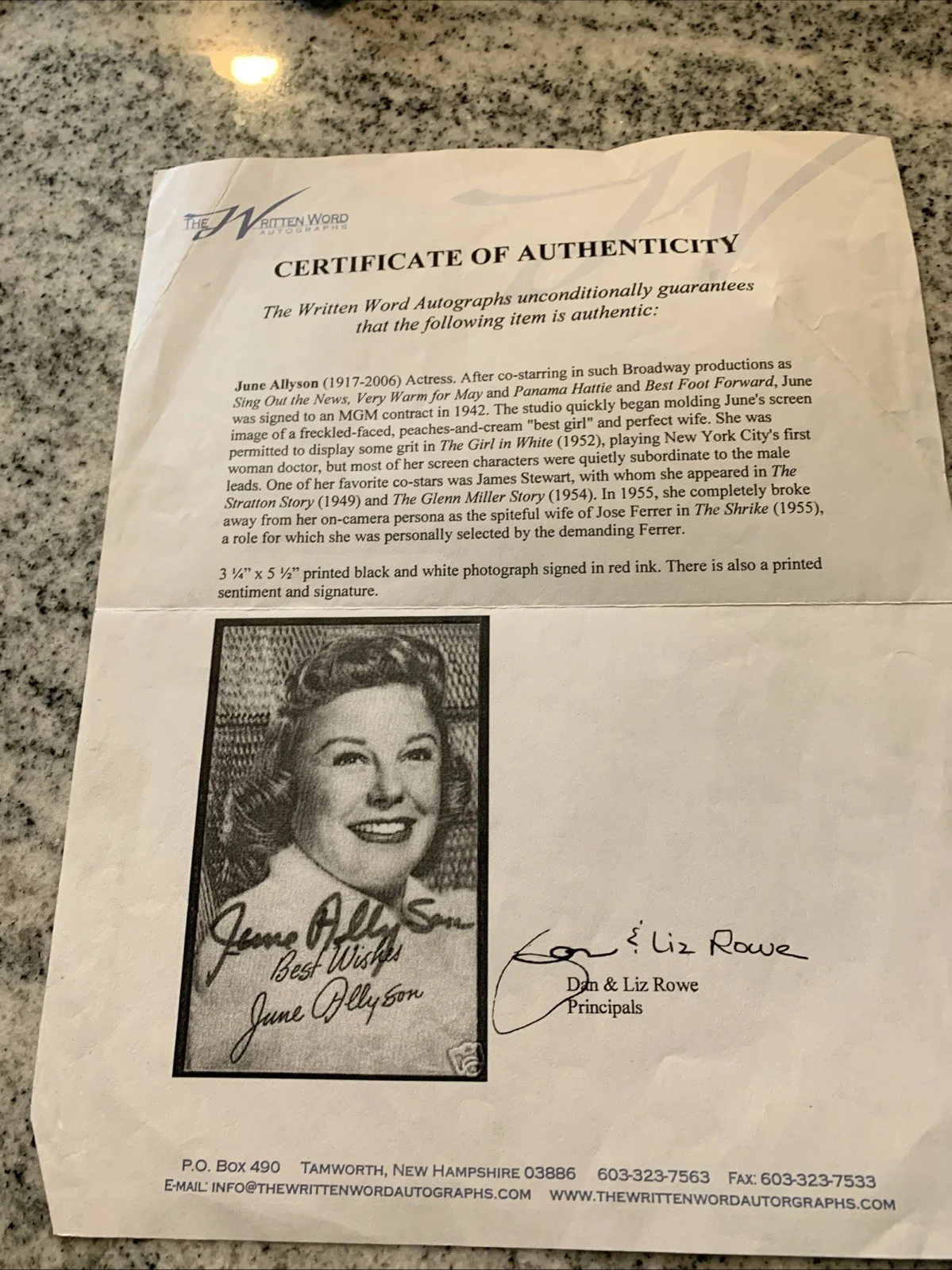 June Allyson Actress Signed 5 X 3. The written word, COA., image 3