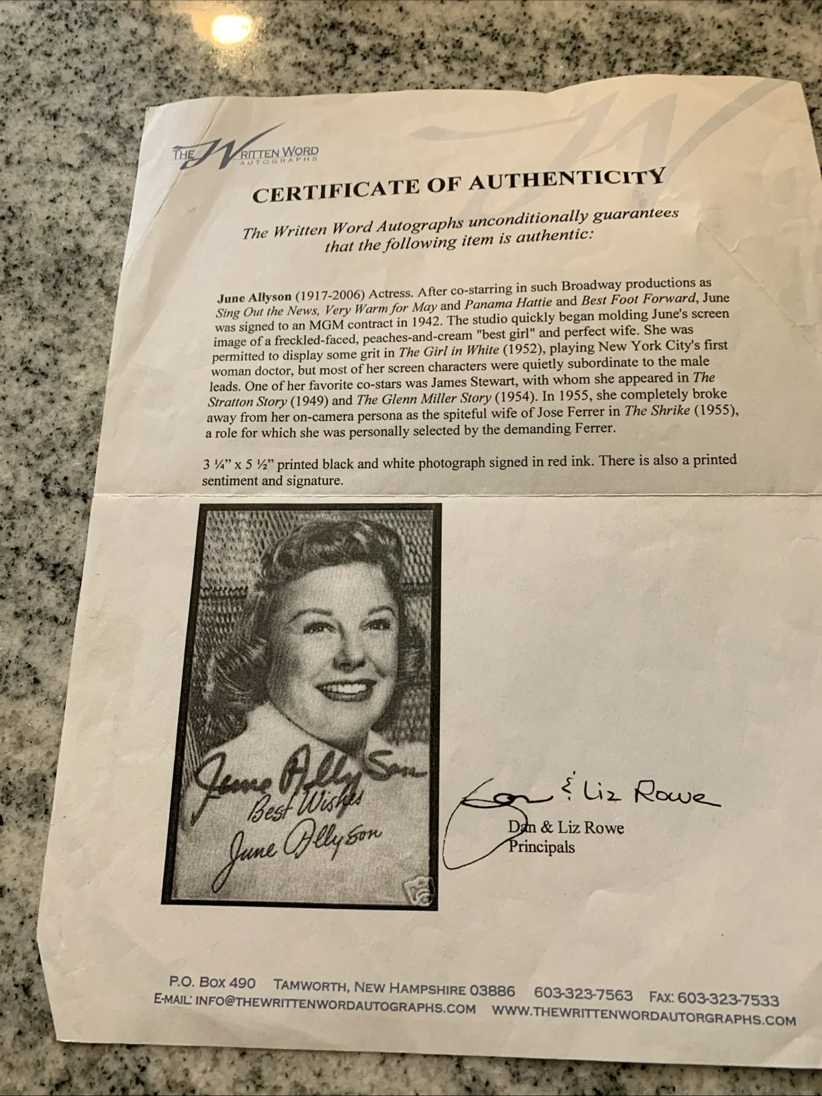 June Allyson Actress Signed 5 X 3. The written word, COA., image 4