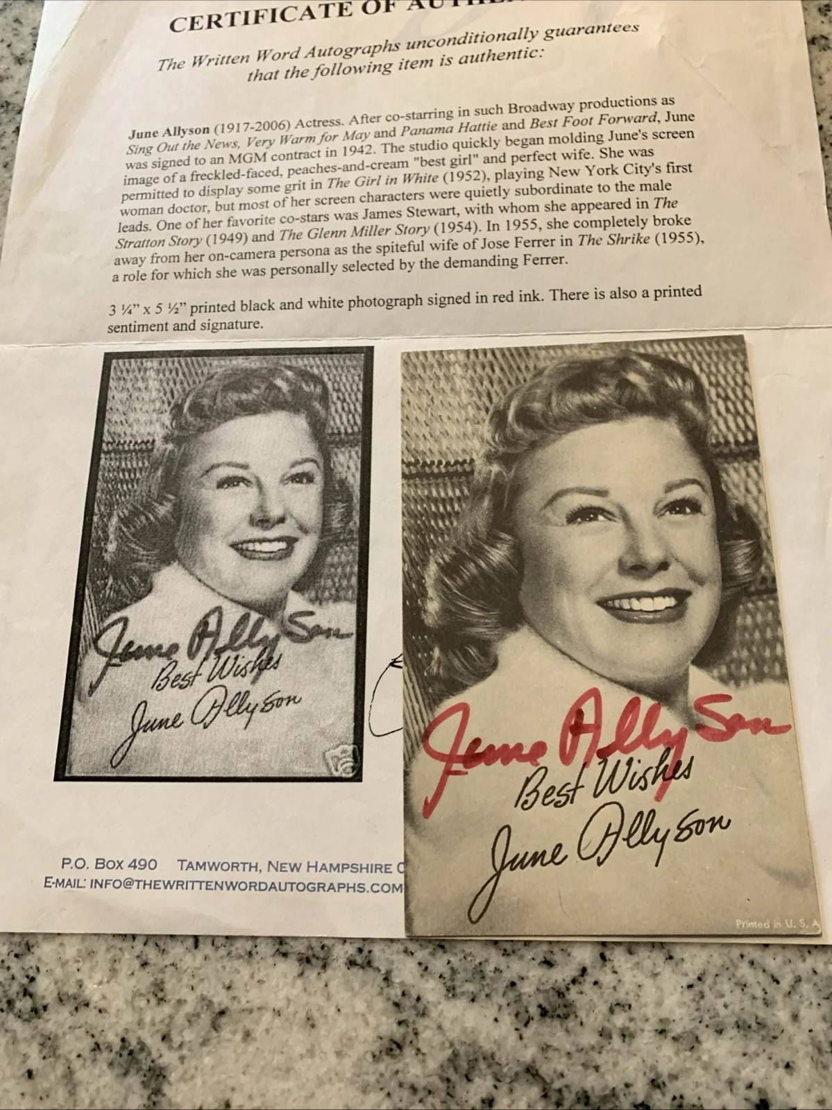 June Allyson Actress Signed 5 X 3. The written word, COA., image 5