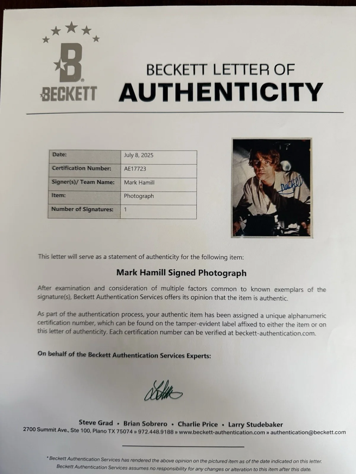 Mark Hamill — MARK HAMILL HAND SIGNED STAR WARS AUTOGRAPH 8x10 COLOR RARE BECKETT LOA LUKE, изображение 4