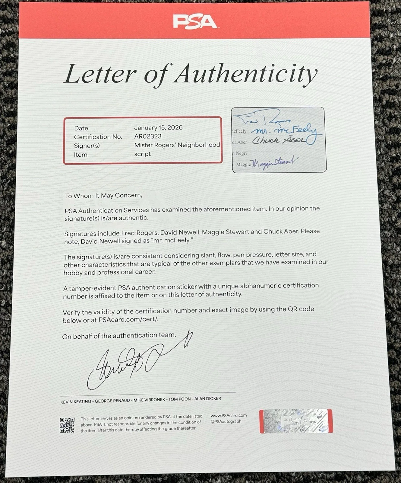 Fred Rogers Cast — Fred Rogers Mister Rogers’ Neighborhood Cast Signed Autograph Script PSA/DNA LOA, изображение 4