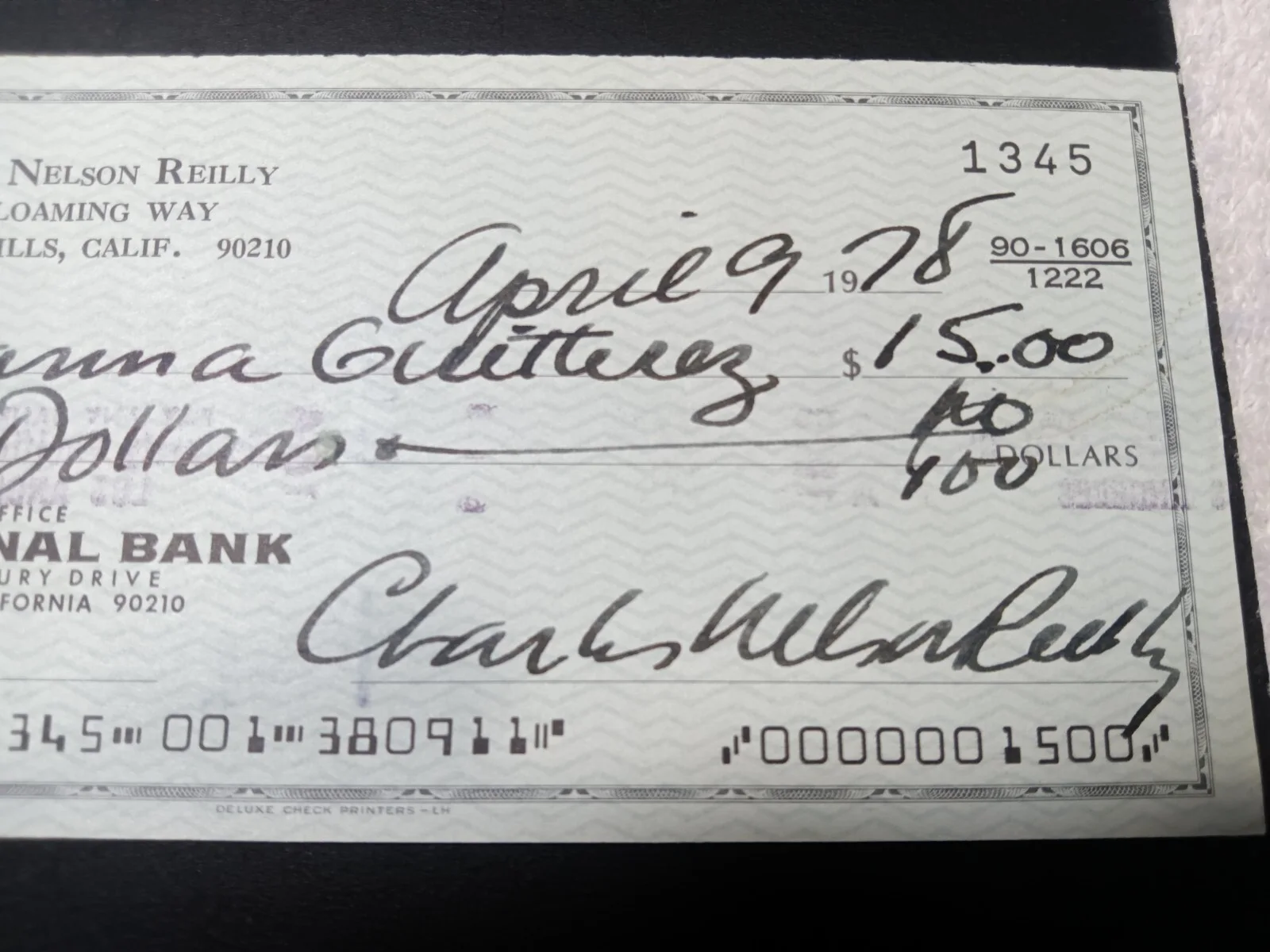 Charles Nelson Reilly — Charles Nelson Reilly Comedian Actor Autograph personal check 1978 Original, image 2