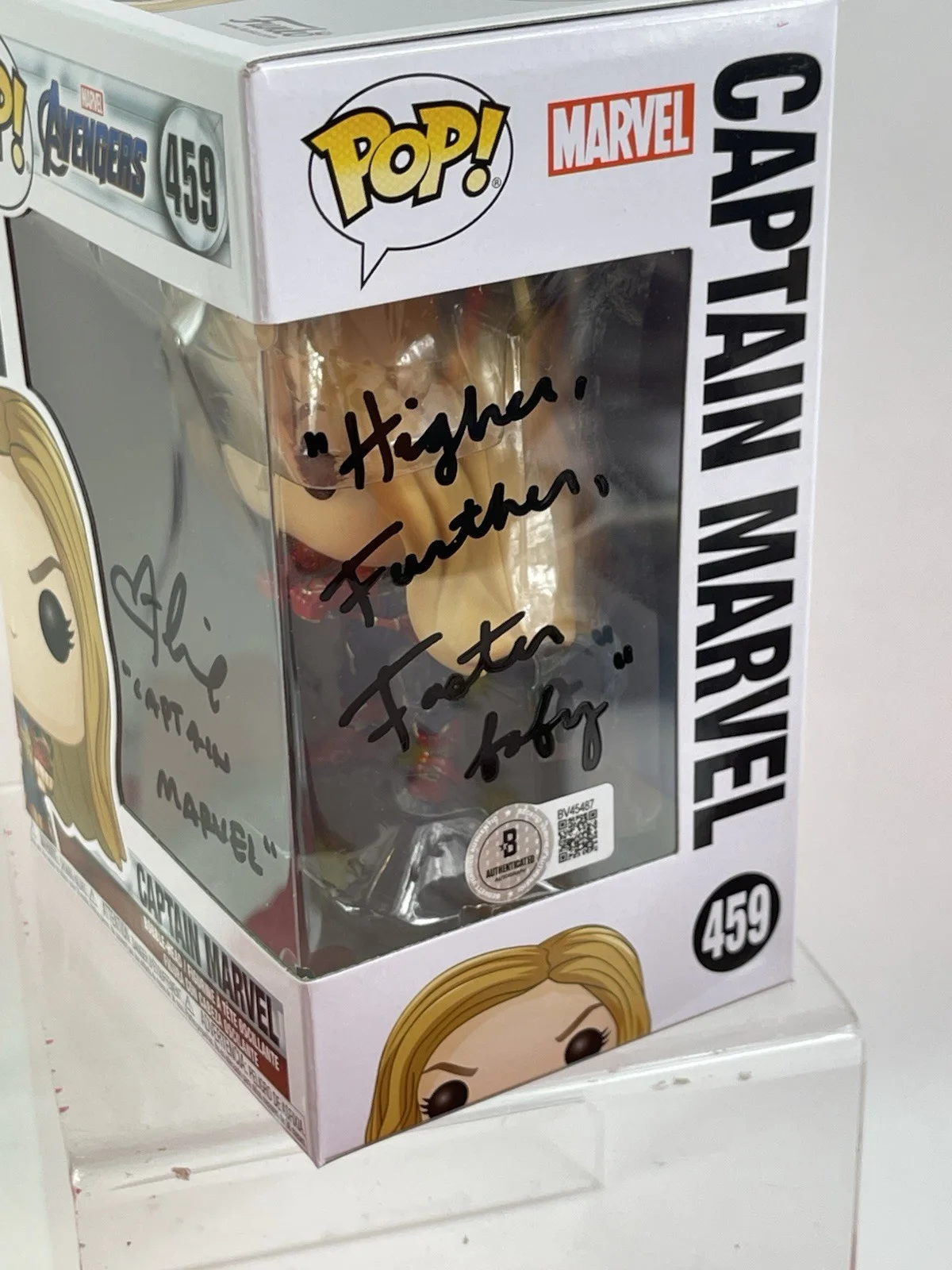 Brie Larson — Brie Larson Signed Captain Marvel 459 Funko Pop w/ Char Name & QUOTE Beckett COA