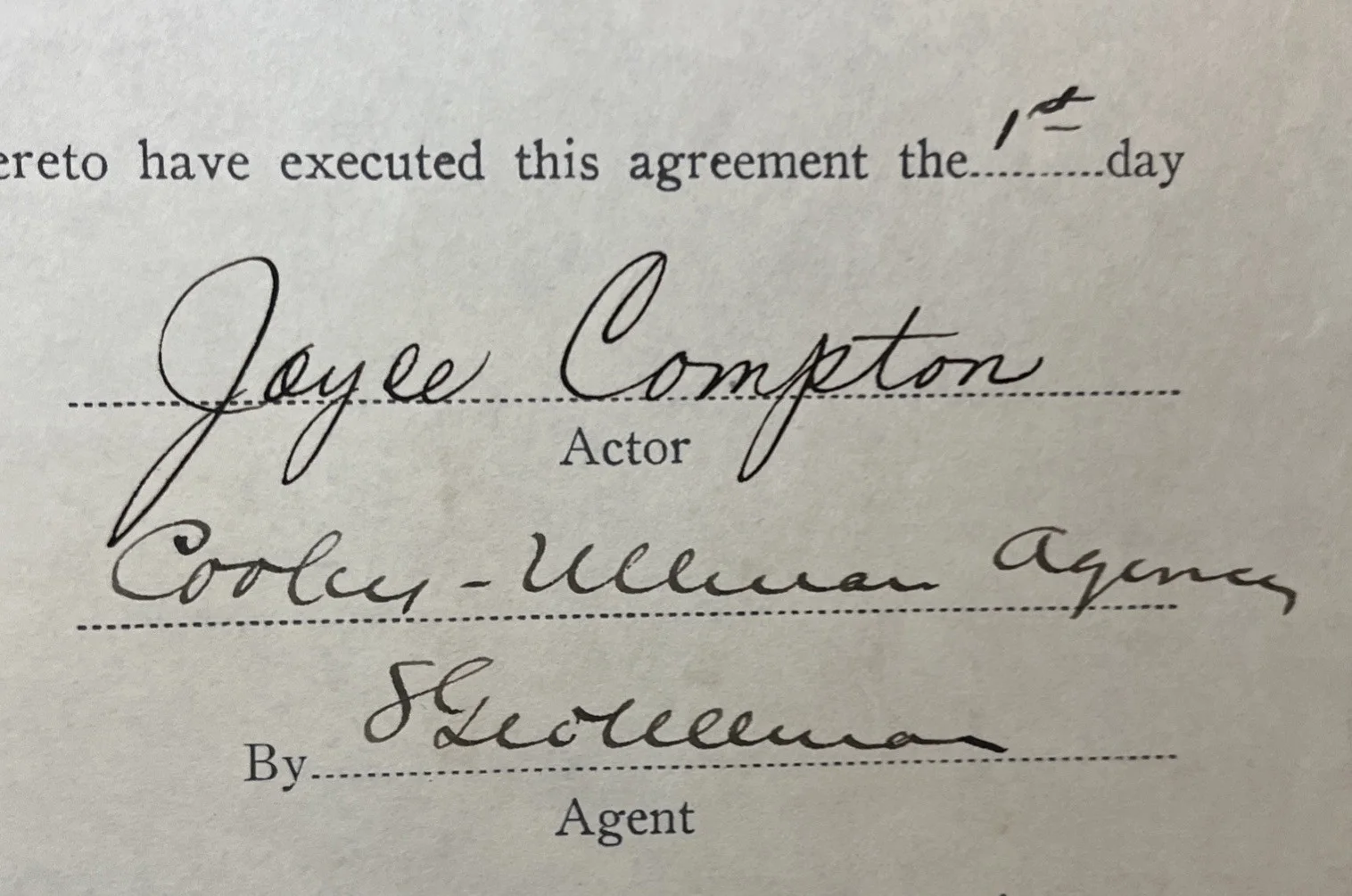 Joyce Compton — 1940 Joyce Compton Signed Hollywod Agency Contract - Actress - COA, image 4