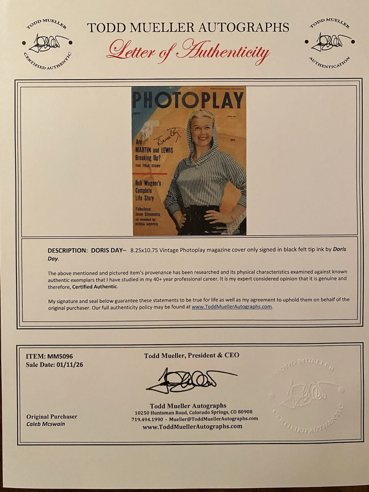 Doris Day — Doris Day Signed Autographed Vintage Photoplay Magazine With COA RARE, изображение 4
