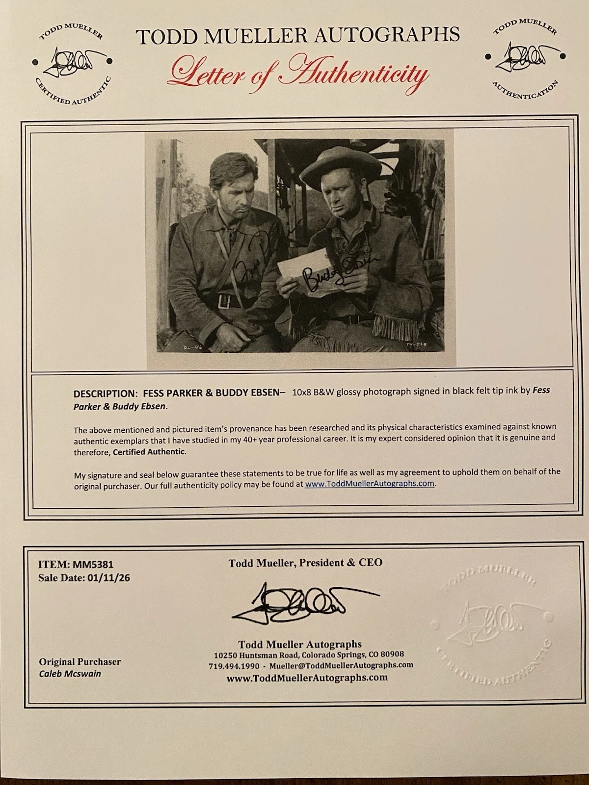 Fess Parker — Fess Parker Signed Autographed 10x8 Photo With COA Disney s Old Yeller, изображение 4