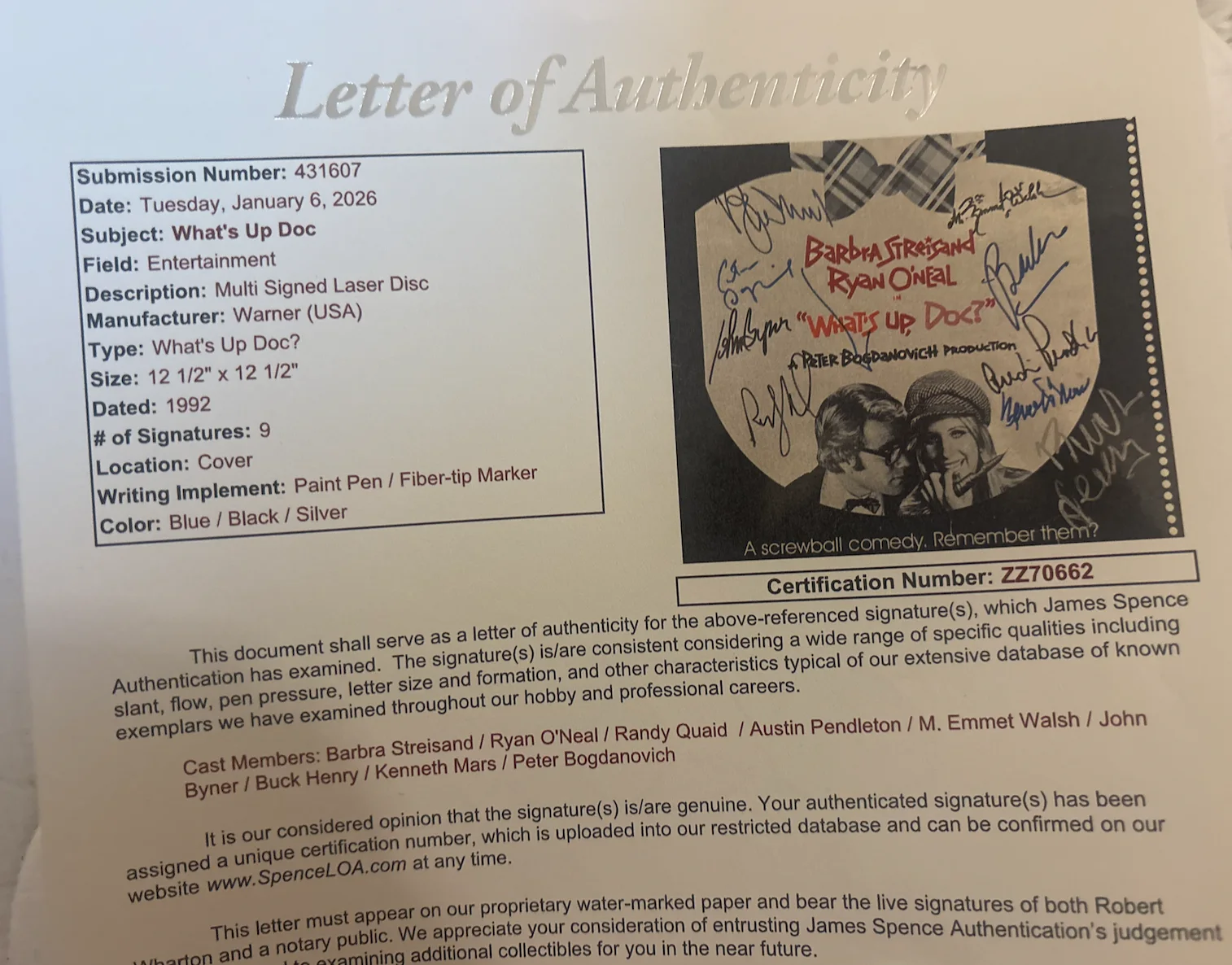 9 Cast signed WHAT'S UP DOC autograph Barbra Streisand Ryan Oneal & more JSA COA, изображение 3